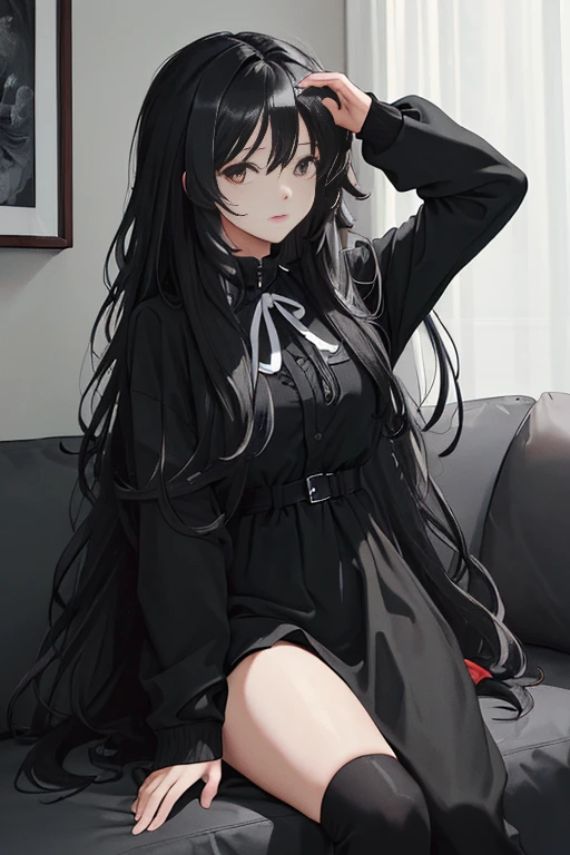 (masterpiece, best quality:1.4), looking at viewer,
(wavy hair:0.8), long hair, black hair, black theme,