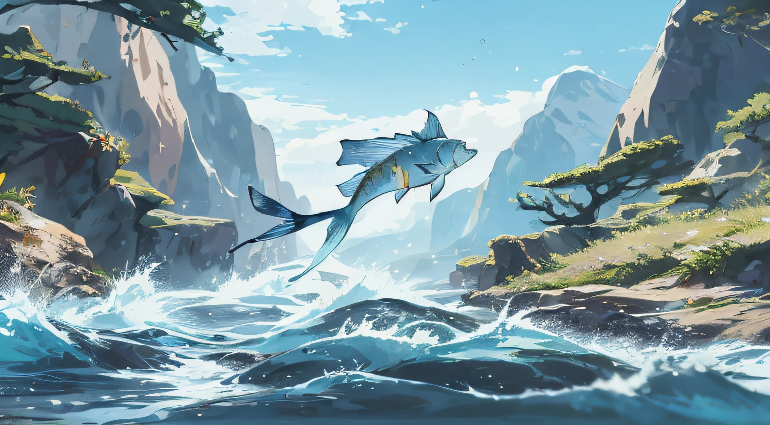 anime scene of a fish jumping out of the water in a mountain stream, epic illustrations, inspired by Miyazaki, miyazaki film