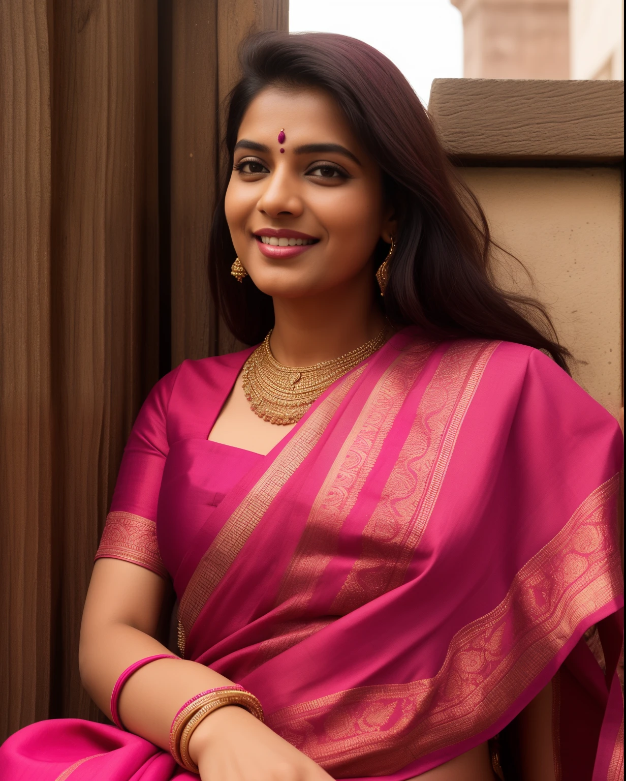 Day scene, close up photo of a indian from top view, posing under big tree,Magenta color sari, (wearing Magenta color sari) , look at viewer and smile, (cinematic:1.3), intricate details, (ArtStation:1.2)