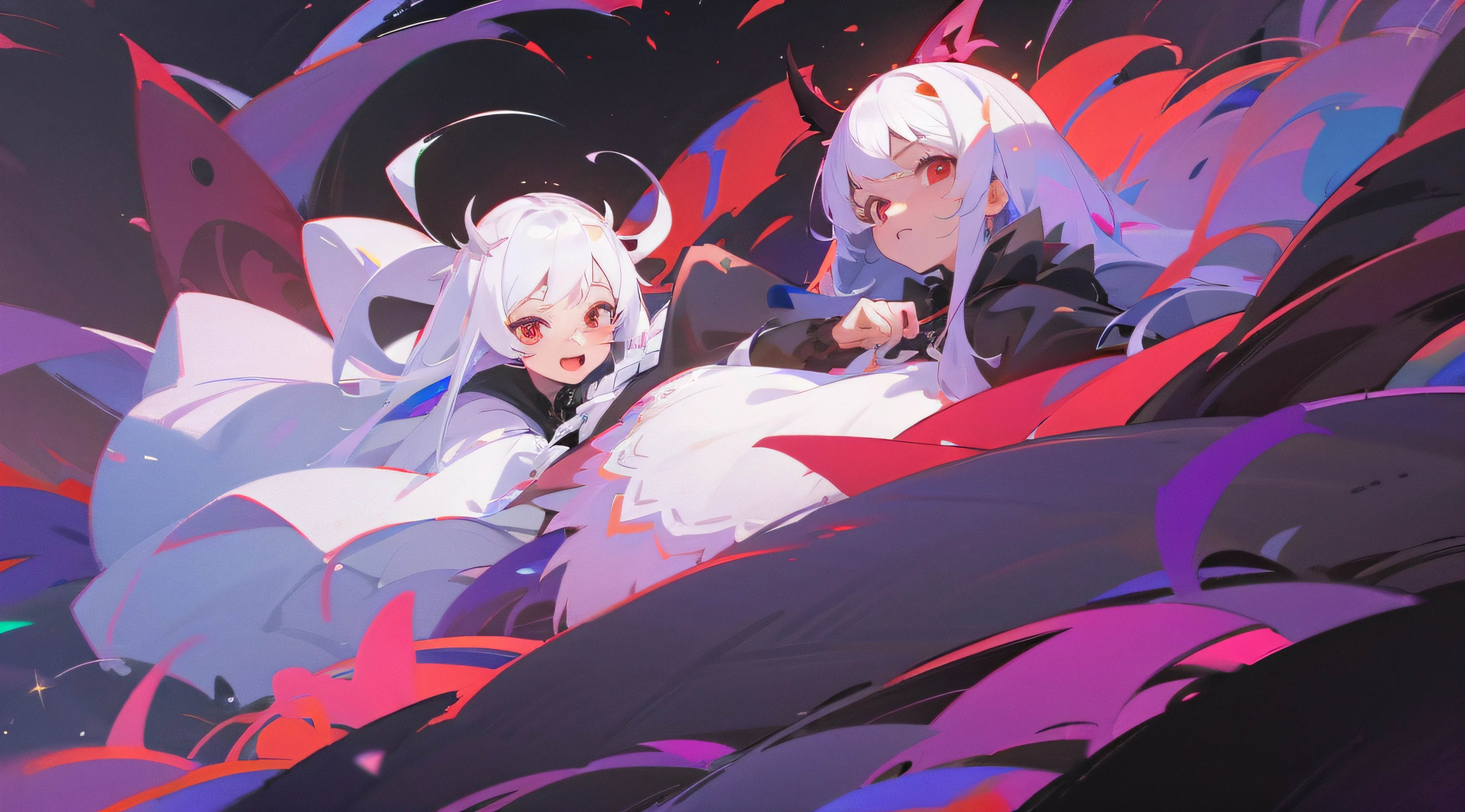 2girl, black and white hair color each, long hair, red eyes, wearing gosloli costume, vampire castle, absurdres, high res, ultrasharp, 8K, masterpiece, looking at viewer