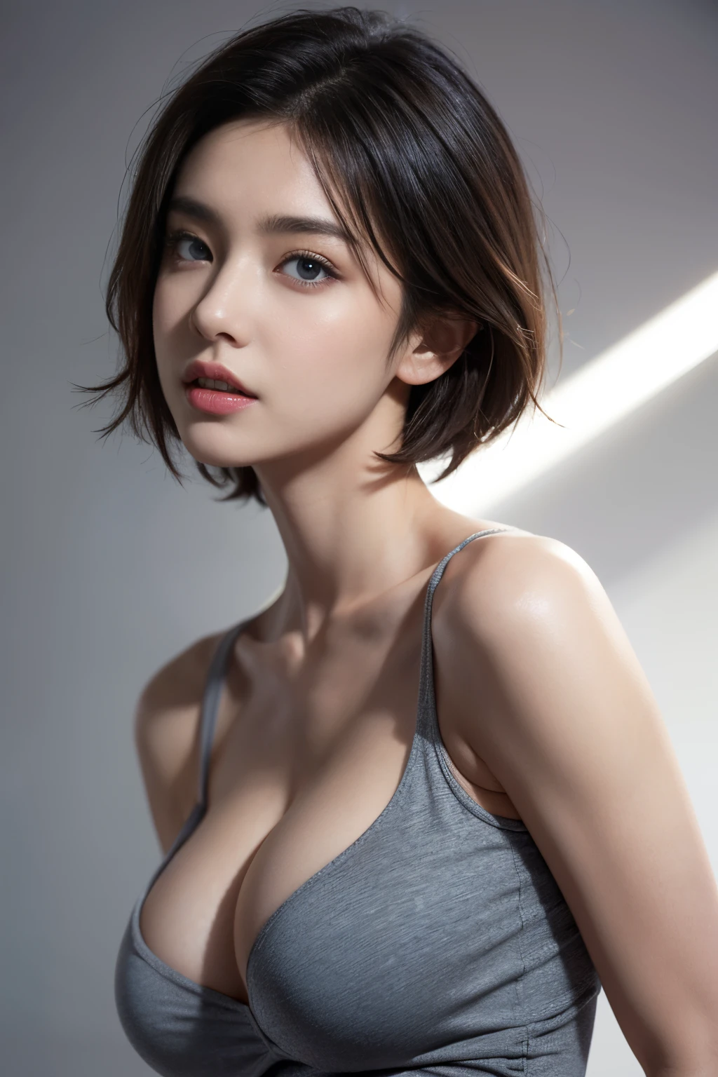 Skin Tight Black Top:1.2, Looking at Viewer, Cinematic lighting, Perfect, softlight, High resolution skin:1.2, Realistic skin texture, Realistic face, off shoulders, Exposed cleavage, Blue eyes, Short hair, dark brown  hair、Bust B Cup、fullnude、Light gray background