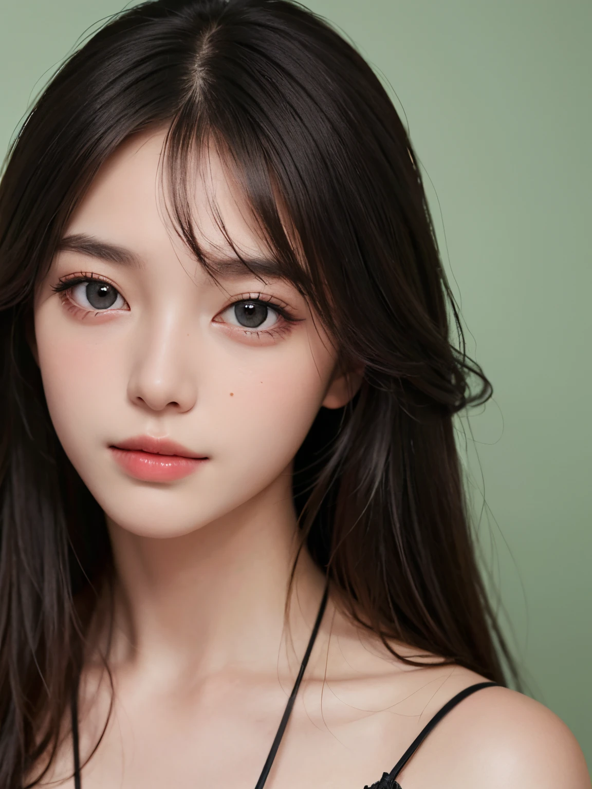 ((highest quality、8K resolution、Masterpiece、Professional photography)), Photorealistic, pretty girl、(Face close-up:1.8)、(nude:1.5)、(Pure white background:1.3)、(Advertising images:1.1)、Standing Elegantly、clavicle、(Very Long Straight Hair:1.1)、(With bangs:1.1)、Long Hair、(Look at me:1.1)、Dark red lipstick、(Closed lips:1.3)、Slight smile、Perfect Makeup、eye shadow、(Ultra-high resolution glossy skin:1.1)、The most detailed face、Standing Elegantly、Perfect fit for your face、完璧な美しいeye shadow, Sparkling eyes、Big eyes、Natural shoulder width、Look forward