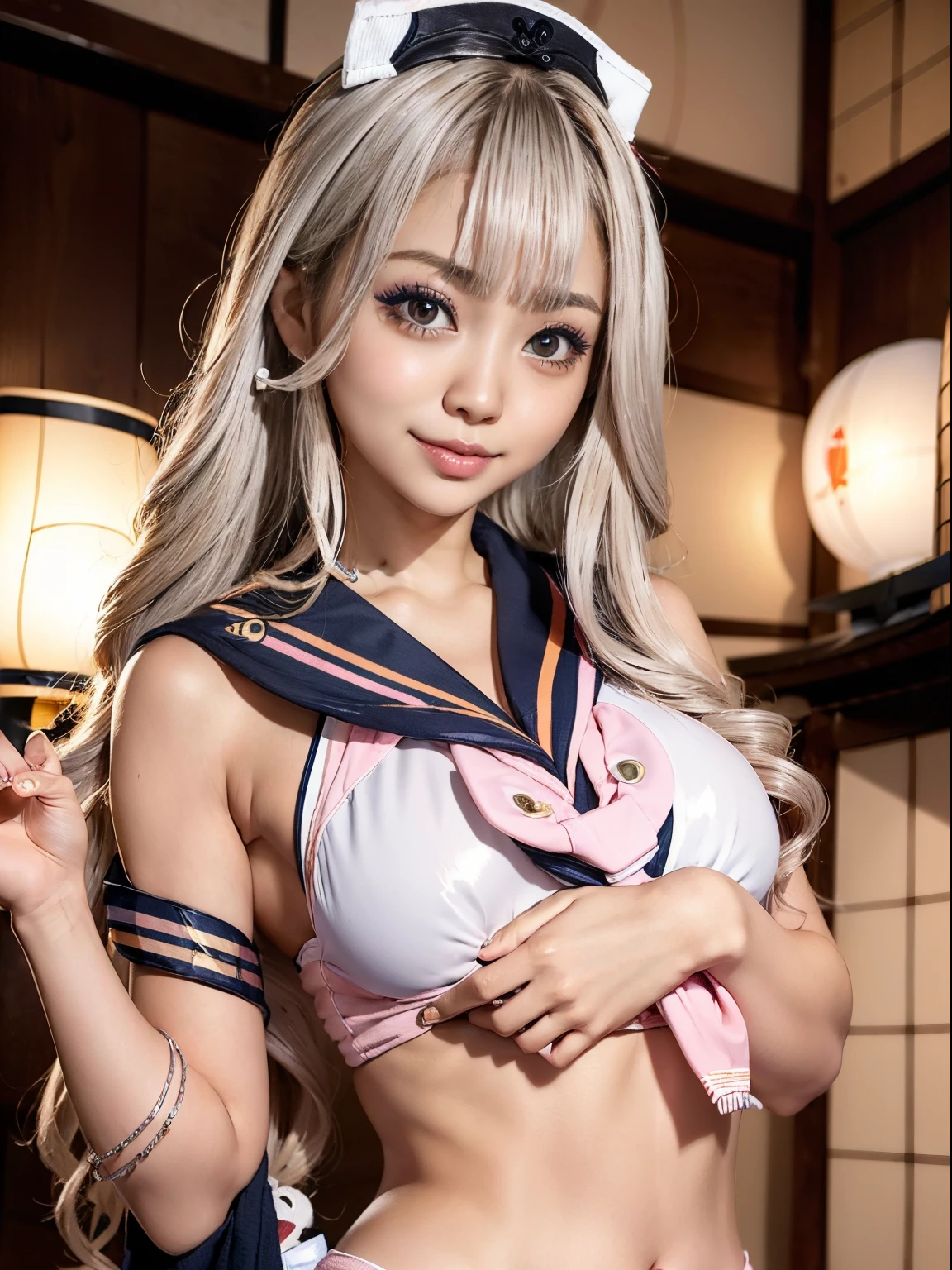 Japanese girl holding a folding fan，Komono，cyber punk perssonage，white colored hair，Huge pink glow in the background，ambient light，zodiac girl,punk，Handheld fan，lobster、nipples are visible