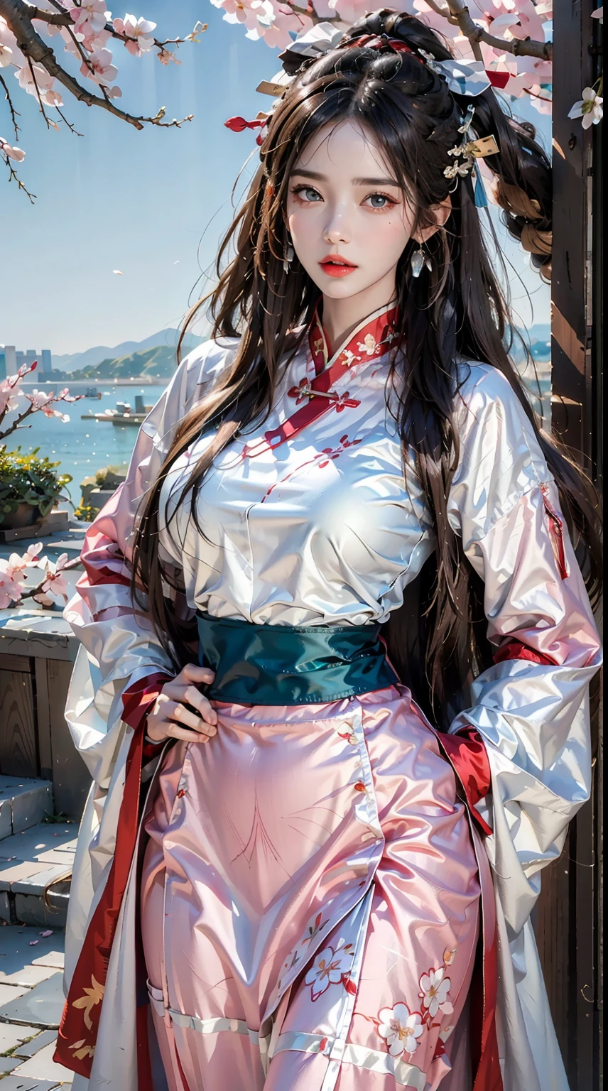 photorealistic, high resolution, 1women, shining skin, solo, jewelry, pink lips, long hair, blue eyes, closed mouth, hips up, hanfu, cherry blossoms