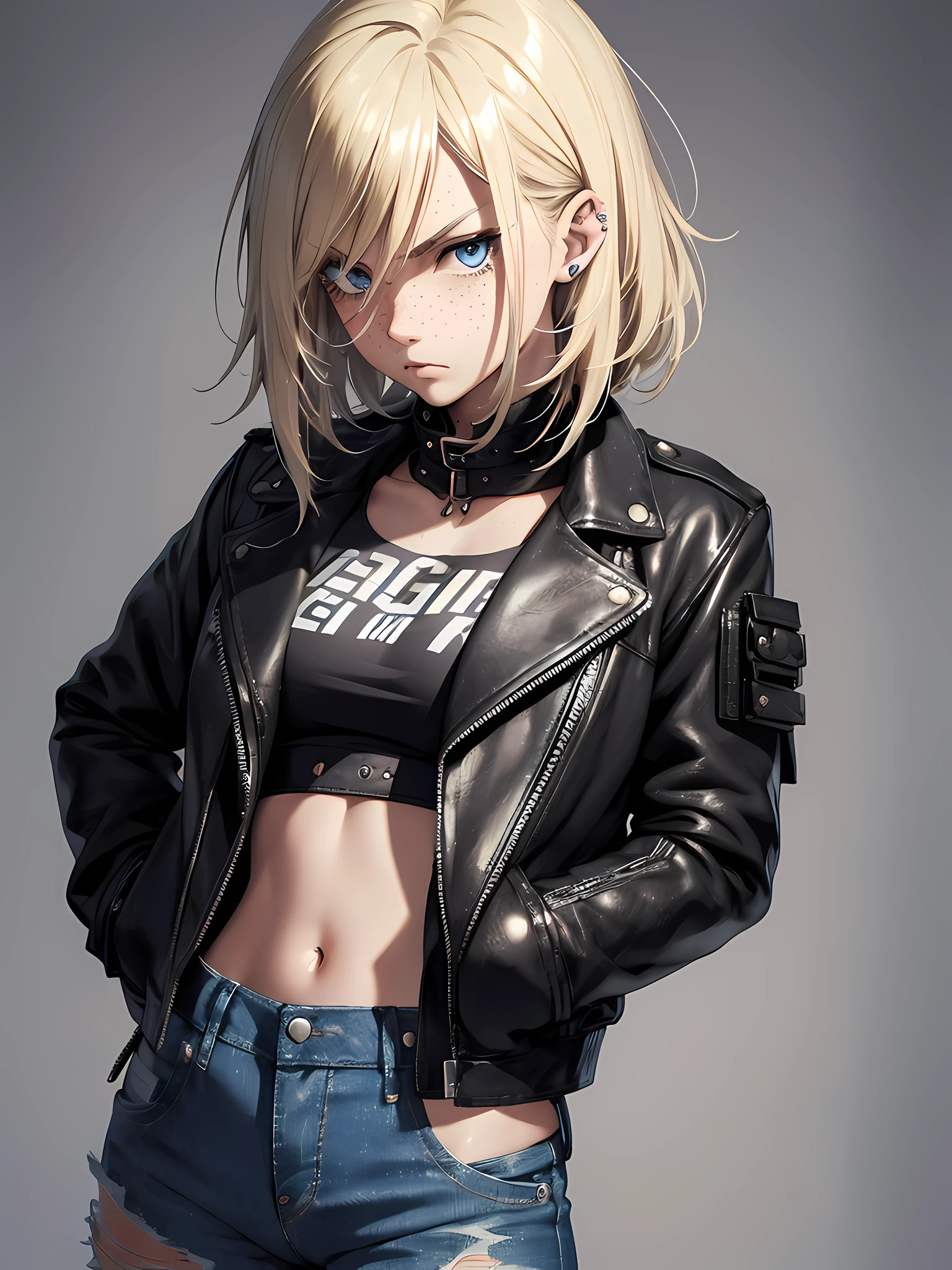 one teenage girl, she had blond hair, punk hairstyle, blue eyes, she had freckles, wearing a black leather jacket, wearing a torn denim pants, serious face expression, badass, grey background, night, high res, ultrasharp, 8k