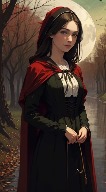 Cinematic Highly colored painting Realistic portrait (extreme close-up, from front) shot of ((1woman, sensual)), (colonial puritan peasant), dress-up:1.3 in (red:1.5 puritan gowns from 1700s, (red:1.4 ridding hood:1.4 cape)).((medium breasts, holding herself)), ((brunette:1.2 wavy long hair, green eyes, greek noose)). ((smiling, standing, serene)). 1700, outdoors, midnight:1.5, woods, full moon:1.3, trees. (detailed, masterpiece, soft lighting)