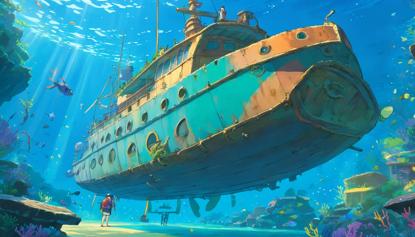 (A high resolution:1.2,hyper HD,Underwater),Amy Ross,Scuba diving,shipwreck,Clear water,the reef,Fish swimming,suns rays,Deep-sea exploration,Adventure,Explore the unknown,Diving equipment,scuba mask,Fin limbs,Wetsuit,Underwater world,Marine life,diver,Depth,underwater photography,Colorful,Remote location,Adventure sports,Shipwreck exploration,Rich biodiversity,Vivid colors,Detailed textures,water Reflections,Sunlight penetrates water,A journey of discovery,depth perception,A thrilling experience