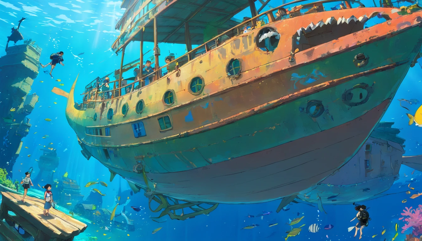 (A high resolution:1.2,hyper HD,Underwater),Amy Ross,Scuba diving,shipwreck,Clear water,the reef,Fish swimming,suns rays,Deep-sea exploration,Adventure,Explore the unknown,Diving equipment,scuba mask,Fin limbs,Wetsuit,Underwater world,Marine life,diver,Depth,underwater photography,Colorful,Remote location,Adventure sports,Shipwreck exploration,Rich biodiversity,Vivid colors,Detailed textures,water Reflections,Sunlight penetrates water,A journey of discovery,depth perception,A thrilling experience