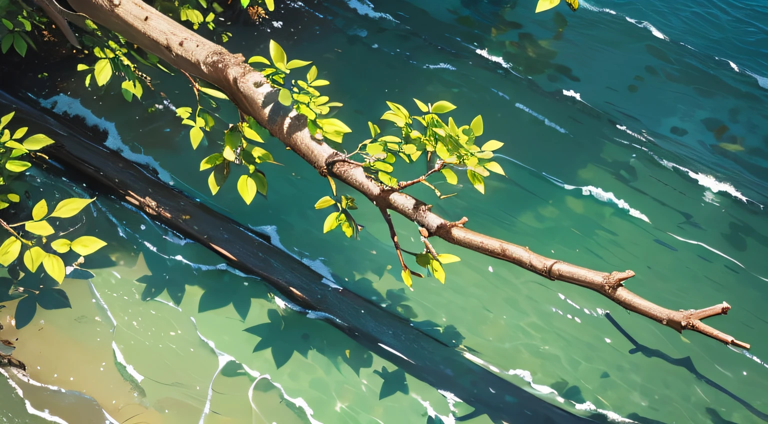 a birds eye view of an branch floating down a stream