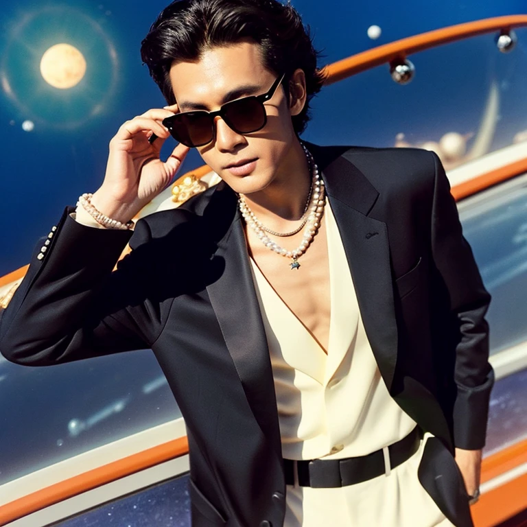 The man who grabbed the sun、pearls necklace、wears a suit、Wearing sunglasses、Wolfcut、In space、There's only the sun and the man