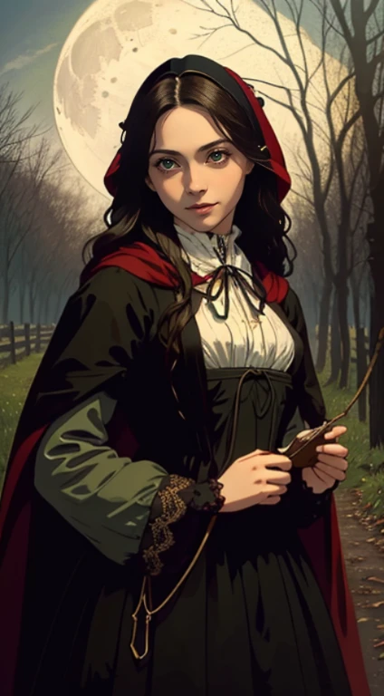 Cinematic Highly colored painting Realistic portrait (extreme close-up, from front) shot of  ((1woman, sensual)), (colonial puritan peasant), dress-up:1.3 in (red:1.5 puritan gowns from 1700s, (red:1.4 ridding hood:1.4 cape)).((medium breasts, holding herself)), ((brunette:1.2 wavy long hair, green eyes, greek noose)). ((smiling, standing, serene)). 1700, outdoors, midnight:1.5, woods, full moon:1.3, trees. (detailed, masterpiece, soft lighting)