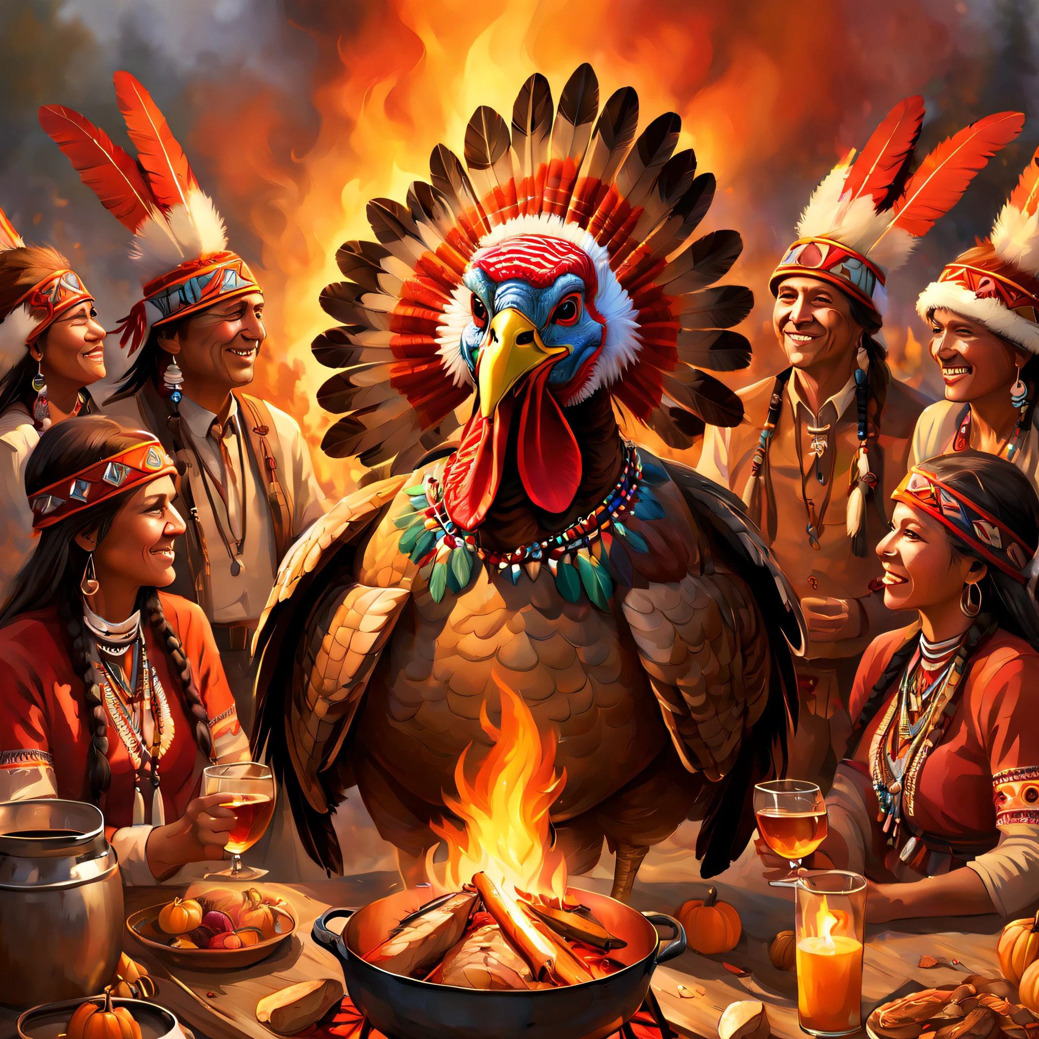 (Roast turkey:1.5), Native American, whisky, Bonfire party, Thank you for providing the best quality,4K,8K,A high resolution,tmasterpiece:1.2,ultra - detailed,actual:1.37 illustrations,oil painted,Realisticstyle,sporty attire,The scenery is colorful,Warm and comfortable atmosphere,Rustic turkey feather detail,Elaborate headdress of native american smoke rising from campfire,Dancing flames and the warm and light traditional clothing of Native Americans,Ornaments and feathers autumn colors,Rich and vibrant red,Orange and yellow whiskey glasses,Smoke rises from glasses,Reflecting the firelight of people gathering,laughter and joy,Family and friends enjoy Thanksgiving night,express happiness and unity
