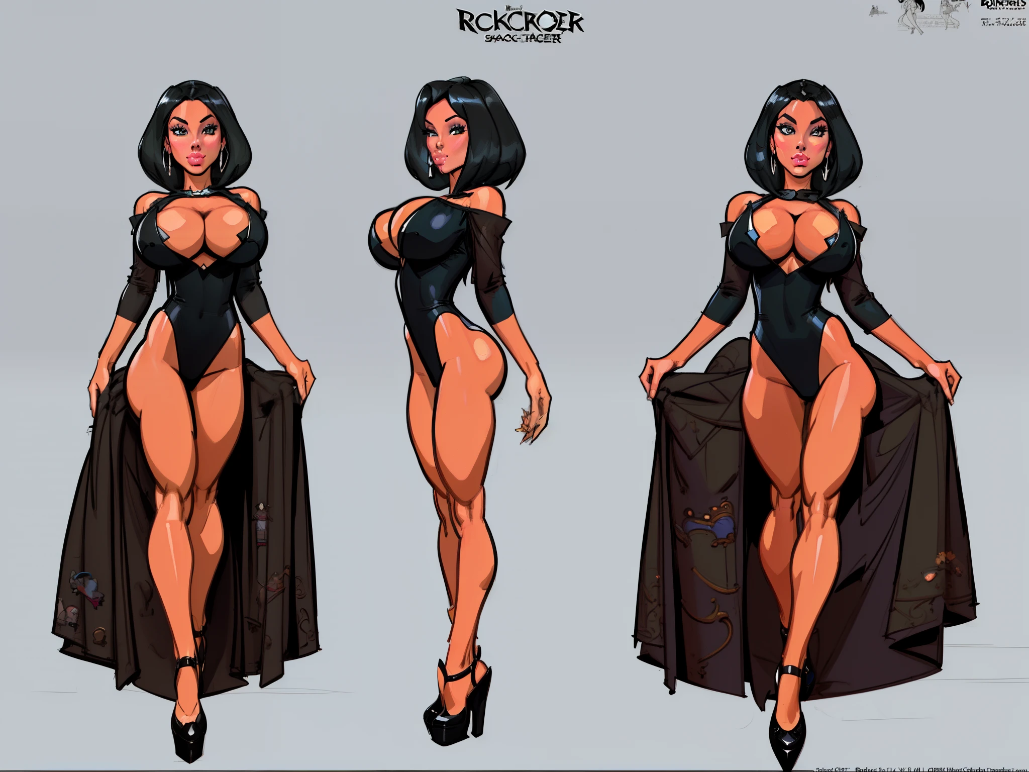 close-up of a woman in a black dress with a cape, highly detailed cartoon, cartoon concept art, Masterpiece concept art, A masterpiece of concept art, cartoon art style, Rick Nagualero, Alejandro Burdiso Style Art, High-quality model sheet, cartoon art style, comic pinup style, highly detailed character design, Realistic cartoon, Cutesexyrobutts