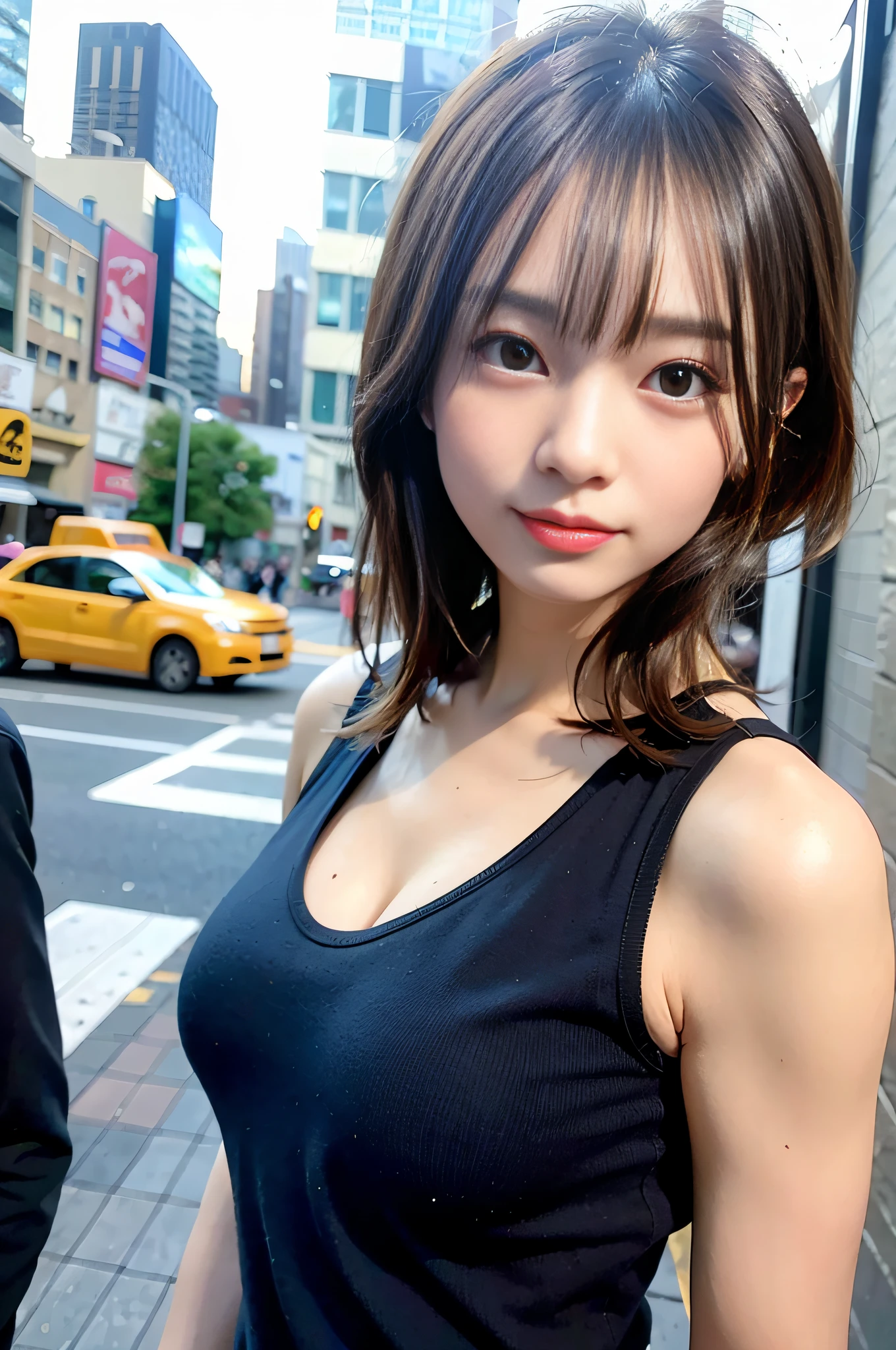 mix4、(8k、Raw photo、top-quality、​masterpiece:1.2)、(reallistic、Photorealsitic:1.37)、女の子1人、cute little、A city scape、natta、Sateen、wetty、Professional lighting、photon maping、Radio City、physically-based renderingt、Tank tops、cleavage of the breast