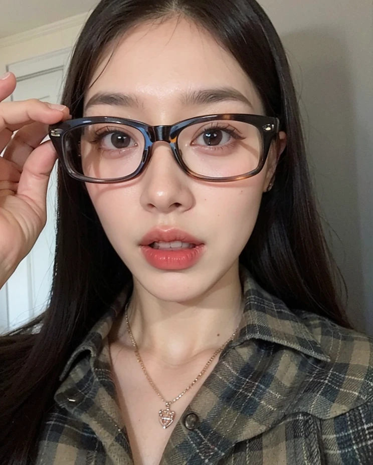a close-up of a woman wearing glasses and a plaid shirt, with square glasses, wearing square glasses, clear lips and high quality, With eye Glasses, wearing thin large round glasses, linda Delphine, bespectacled, rosto bonito claro, vidros, wearing black frame glasses, Ulzzang, Eyeglasses, thick glasses, glasses, Yanjun Chengt