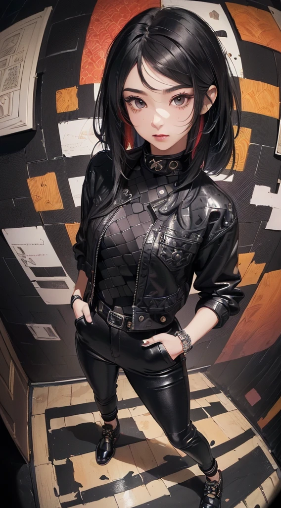 A close up of a woman in a black and white top and leather pants ...