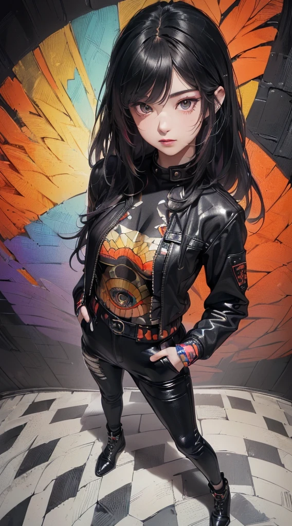 (((8k wallpaper of extremely detailed CG unit:1.2, masterpiece, hight resolution:1.2, top-quality:1.2, masutepiece))), ((a very beautiful woman, Hands in pockets:1.8, Grunge Fashion:1.2, Wearing a blouson:1.2, wearing black leather pants, Wearing shoes)), ((extra detailed face, Highly detailed black eyes, extra detailed body, Top quality real texture skins)), (A dark-haired, length hair, de pele branca, Small), ((colorful geometric pattern wall, Colorful wall)), (high-angle, Fisheye:1.3), hyper realisitic, digitial painting,