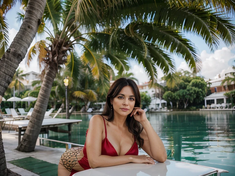 Mature woman of 50 years, cabello cafe largo lacio, bonitos ojos, de pie junto a un arbol de navidad, camison de satin rojo corto, tacones, recamara de fondo, realista, 4k