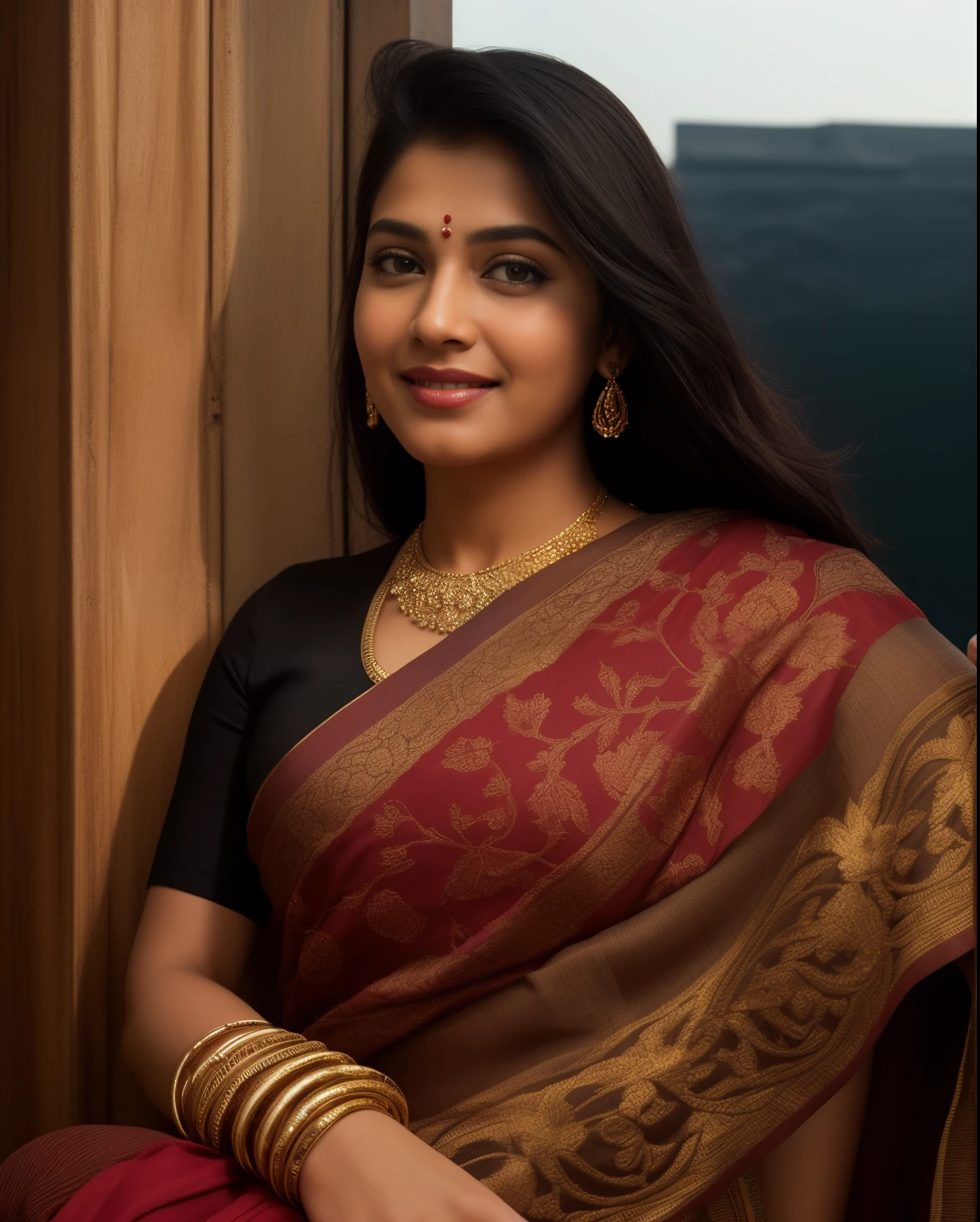 Day scene, close up photo of a indian from top view, posing under big tree,black sari, (wearing black sari) , look at viewer and smile, (cinematic:1.3), intricate details, (ArtStation:1.2)