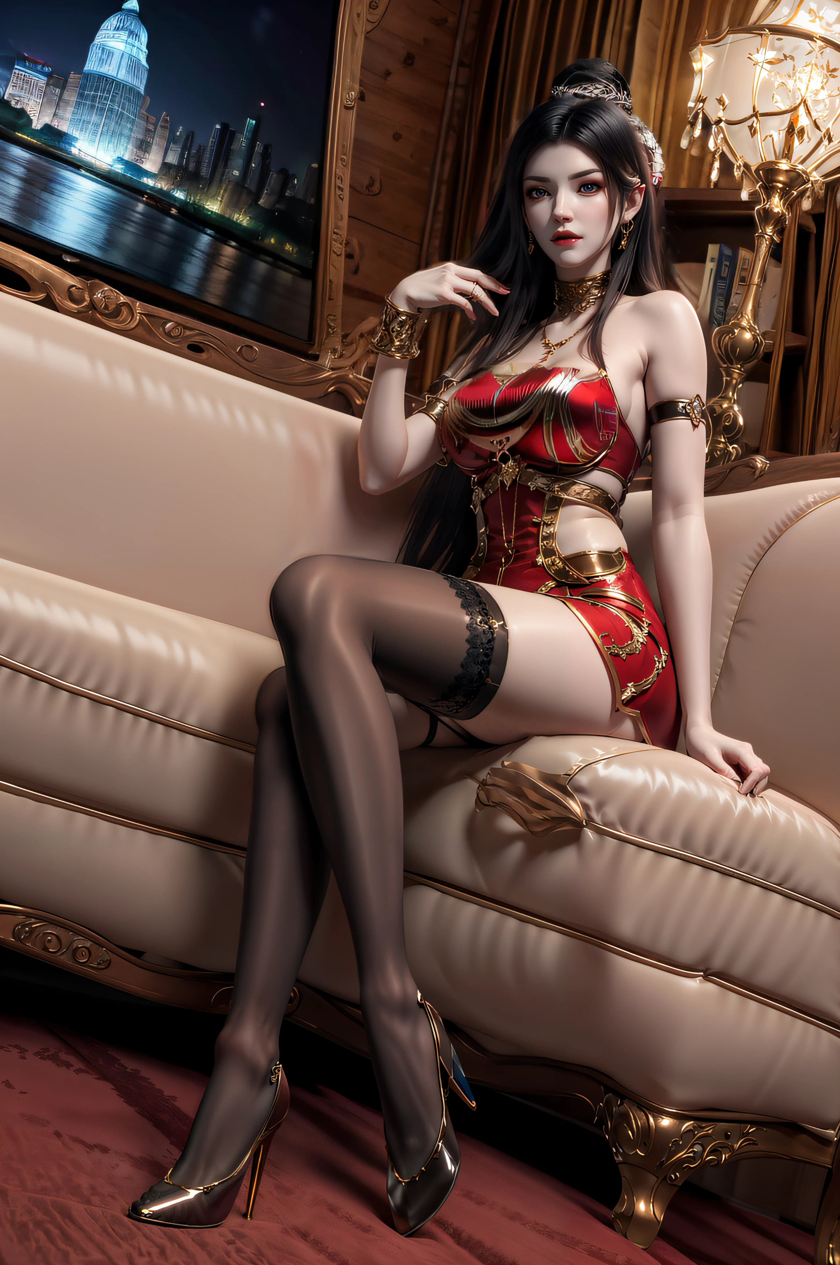 BestWorks,Ultra-high quality work,8K HD CG production,High-quality graphics,3D HD CG photos,Ultra-high pixel,Super refined:1.1,technical detail:1.1,Interior lighting effects:1.1,Natural dimming,Light effect,Super high resolution,Fashion clothing photos,Egyptian female face,Long black hair,Clear strands of hair,Careful hair texture(Premium hair details:1.1)Beautiful and delicate eyebrows and eyelashes,largeeyes,Light red eyes,Sexy red lips,Perfect lip shape,clear skin texture,wetted skin(Advanced facial details:1.1)The face of the flawless goddess,Perfect body shape,Big for supermodels,Cocked buttocks,Small man's waist,Long legs,Glossy,Wear evening dresses,Sequin evening dress,Dress dress,Silk scarf,Lace dress(Premium lace detailing:1.1)Bright red,high-heels,stocklings,Wear jewelry,耳Nipple Ring,choker necklace,Bracelet,At the dinner party,fully body photo,Costume art photos,High quality work