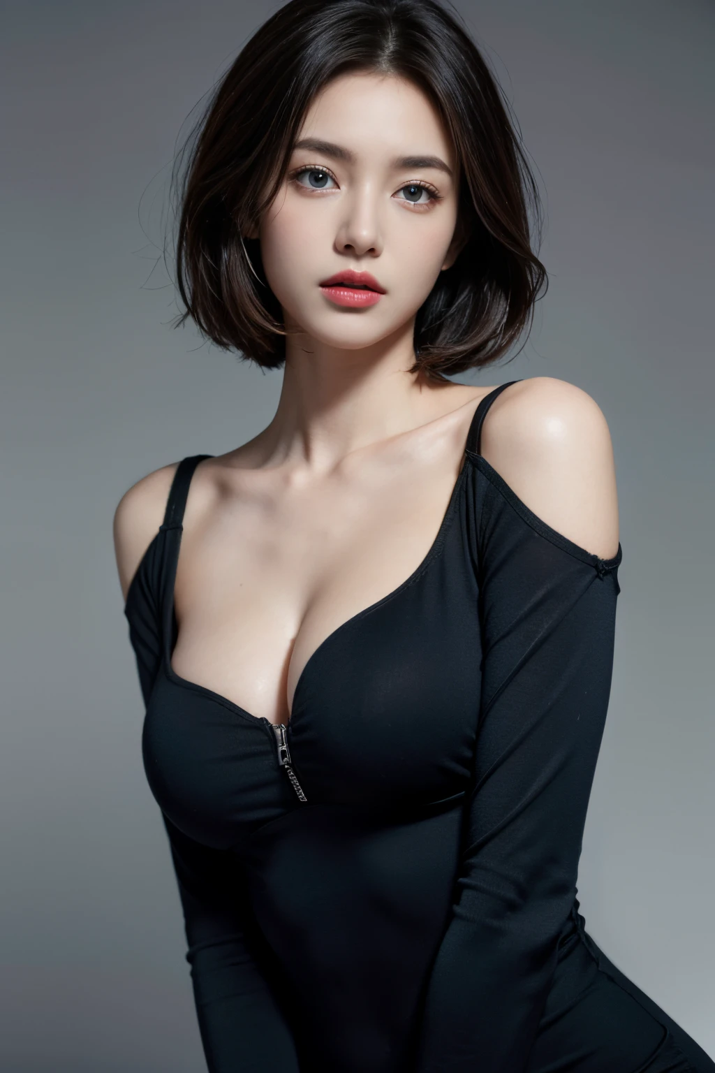 Skin Tight Black Top:1.2, Looking at Viewer, Cinematic lighting, Perfect, softlight, High resolution skin:1.2, Realistic skin texture, Realistic face, off shoulders, Exposed cleavage, Blue eyes, Short hair, dark brown hair、Bust B Cup、fullnude、Light gray background