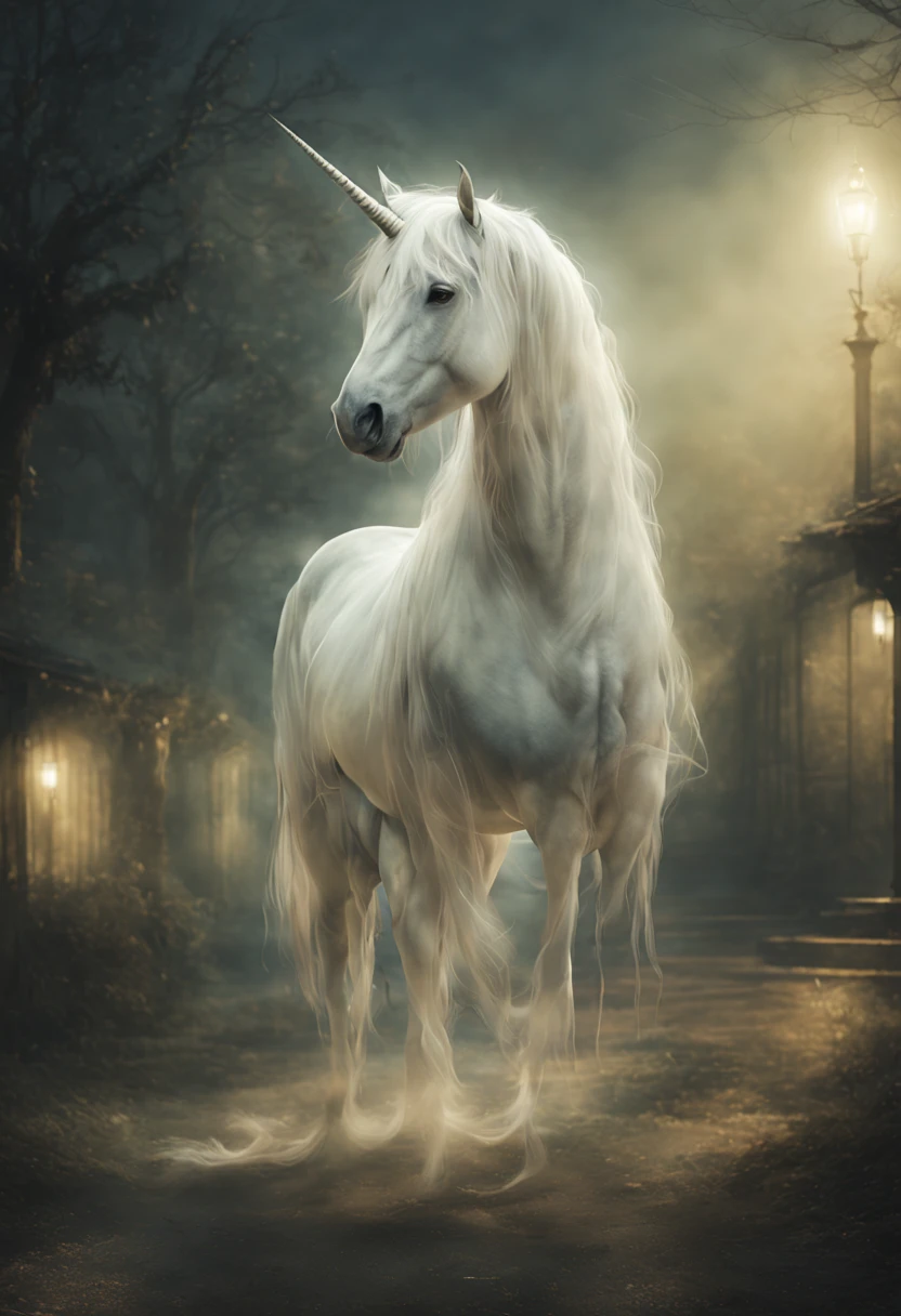 ((ghost unicorn ))On a rural street, illustartion,Ultra-detailed,airy atmosphere, moon light, penetrating trees and unicorn, Soft and gentle lighting,Rustic charm,Lush greenery,whimsical surroundings,Fairytale setting,Unearthly beauty,Magic in the air,Serene and peaceful atmosphere,A hint of fog in the distance,Fabulous quality,endless photorealistic details