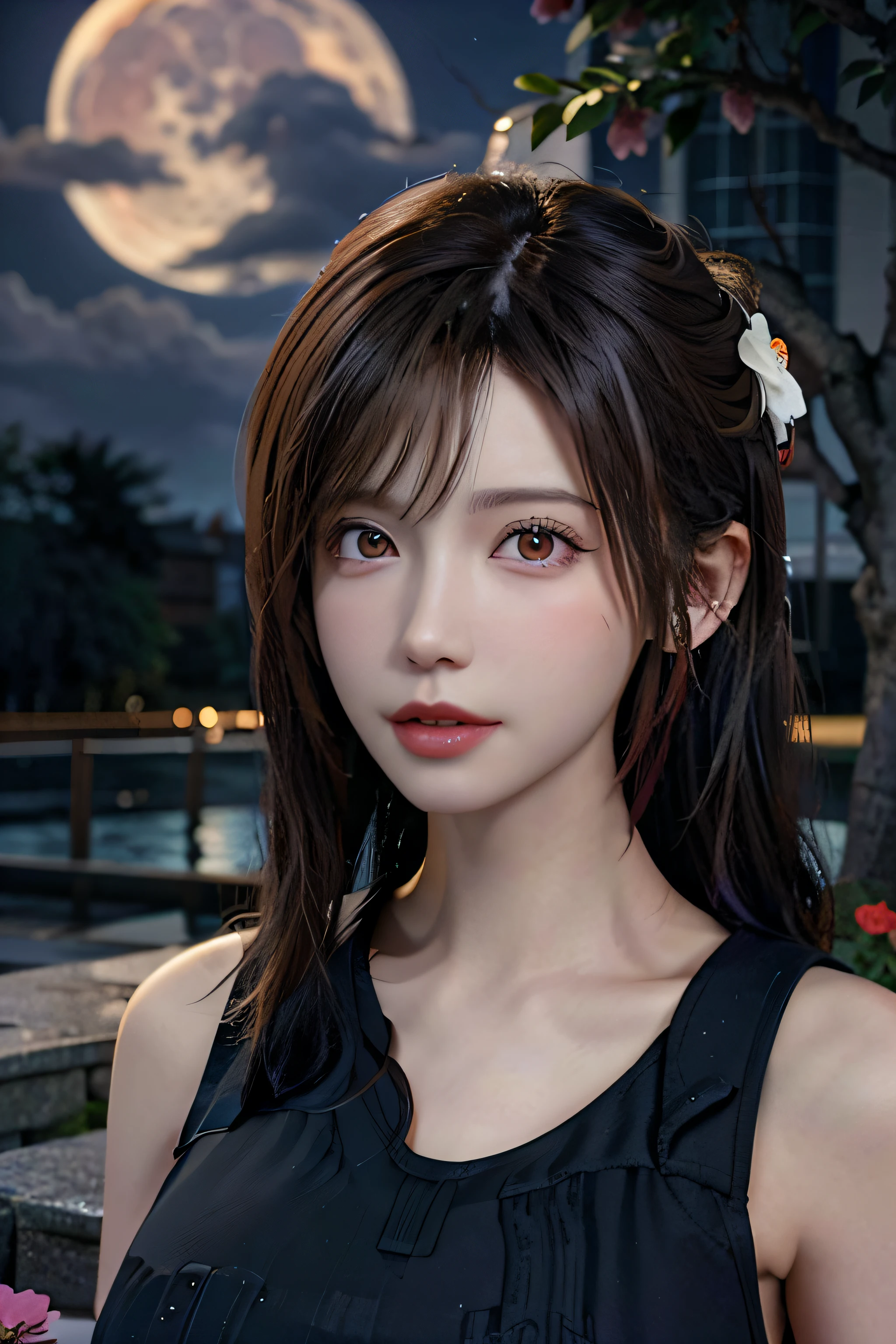 1girl, blurry, blurry_background, brown_eyes, brown_hair, depth_of_field, earrings, flower, full_moon, hair_flower, hair_ornament, lips, looking_at_viewer, moon, moonlight, night, night_sky, outdoors, red_flower, red_moon, sky, solo