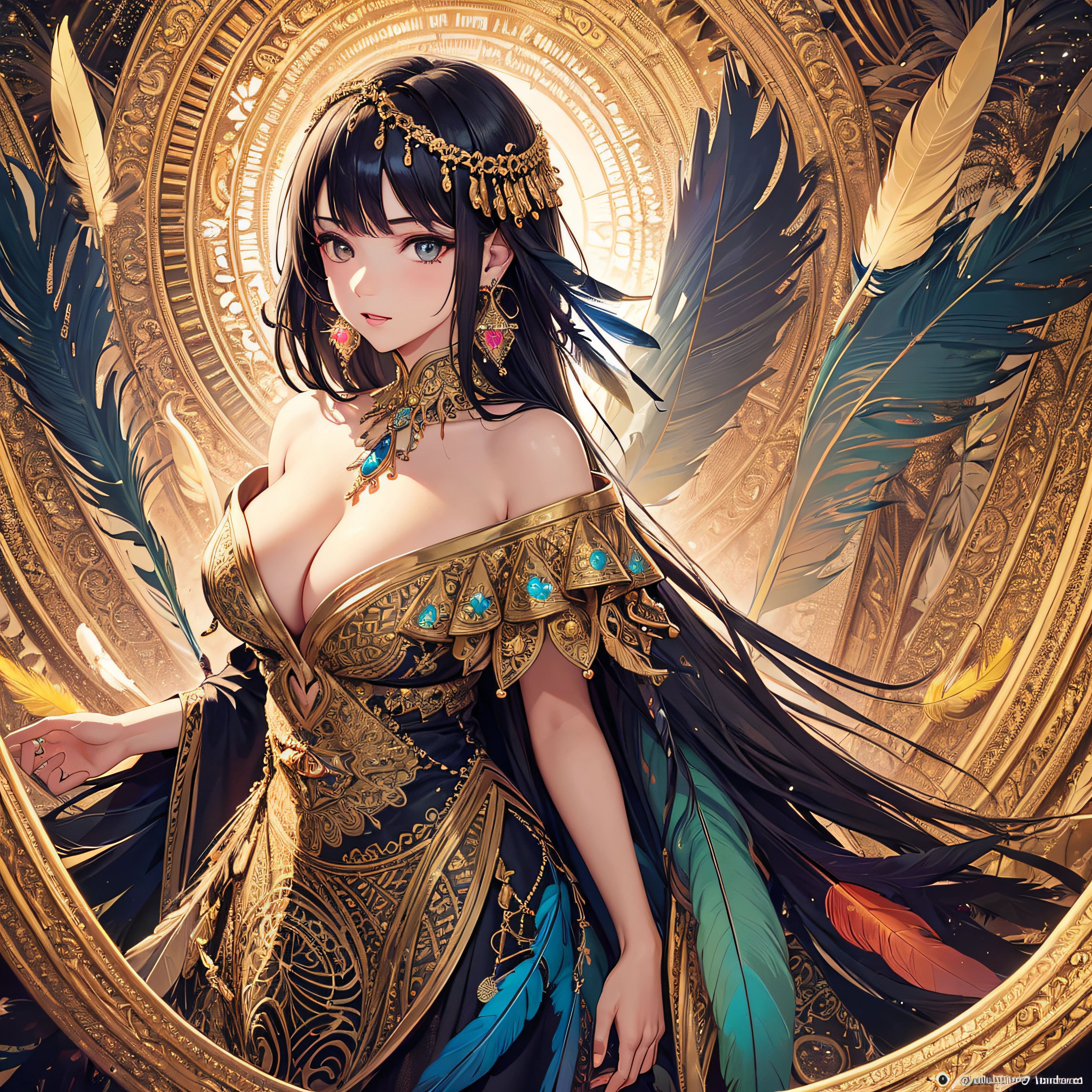 girl with，Huge breasts，off shoulders，Golden hair，Colored feathers，metal ornaments，colorful flower，Particle，Rays of Light，(masutepiece, of the highest quality, Best Quality, Official art, Beautiful and aesthetic:1.2), (1girl in:1.3), Extremely detailed,(Fractal Art:1.1),(Colorful:1.1)(Flowers:1.3),highest details,(Zentangle:1.2), (Dynamic Pose), (Abstract background:1.3), (Shiny skin), (Many colors:1.4), ,(earrings:1.4), (Feathers:1.4)