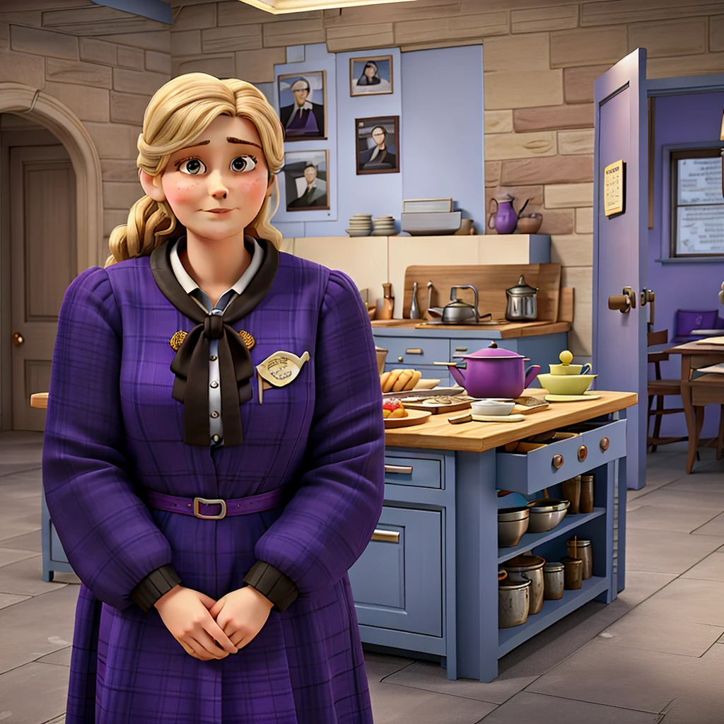 there is a woman standing in a kitchen with a purple dress, inspired by Ada Gladys Killins, inspired by Violet Fuller, inspired by Edith Grace Wheatley, inspired by Elsie Dalton Hewland, inspired by Viola Paterson, inspired by Olive Mudie-Cooke, inspired by Primrose Pitman, inspired by Peggy Angus, inspired by Rosemary Allan, detailed game art