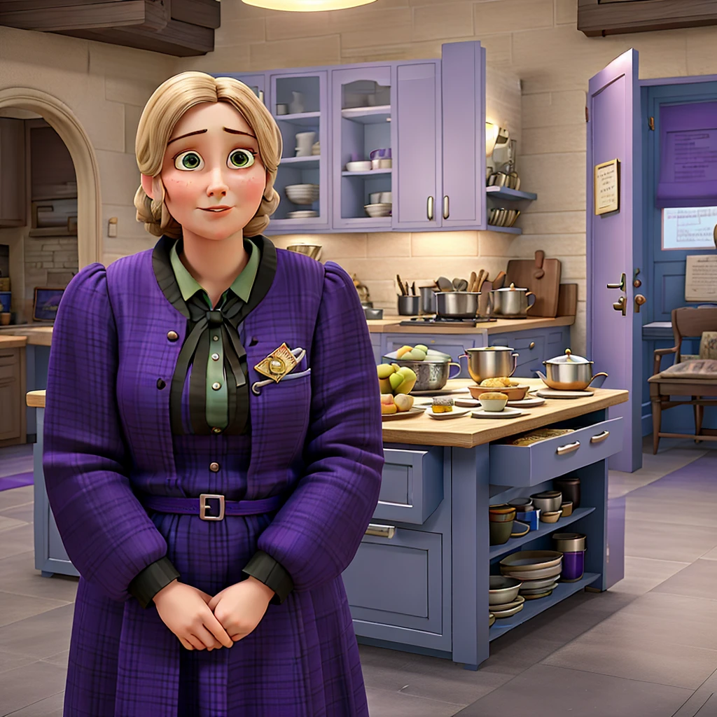 there is a woman standing in a kitchen with a purple dress, inspired by Ada Gladys Killins, inspired by Violet Fuller, inspired by Edith Grace Wheatley, inspired by Elsie Dalton Hewland, inspired by Viola Paterson, inspired by Olive Mudie-Cooke, inspired by Primrose Pitman, inspired by Peggy Angus, inspired by Rosemary Allan, detailed game art
