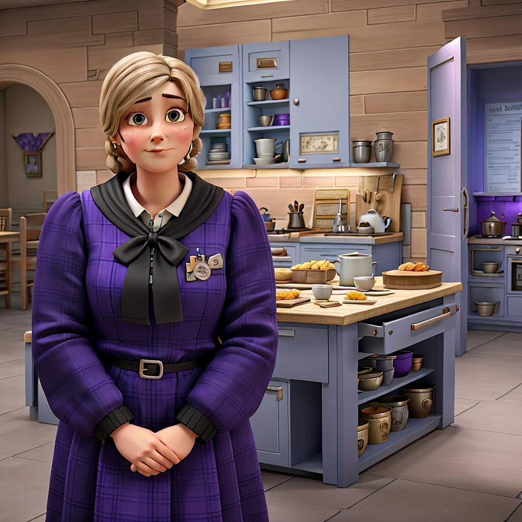 there is a woman standing in a kitchen with a purple dress, inspired by Ada Gladys Killins, inspired by Violet Fuller, inspired by Edith Grace Wheatley, inspired by Elsie Dalton Hewland, inspired by Viola Paterson, inspired by Olive Mudie-Cooke, inspired by Primrose Pitman, inspired by Peggy Angus, inspired by Rosemary Allan, detailed game art