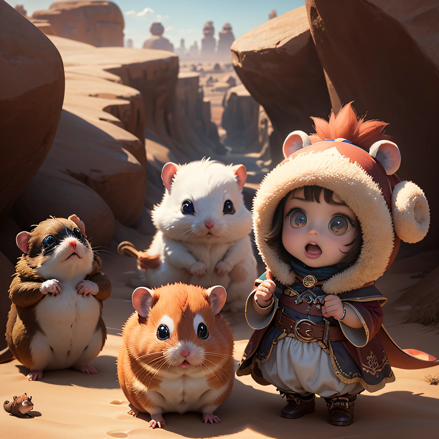 超A high resolution、An ultra-high picture quality、8K、Detailed details、marvelous expression、Lots of 、Many little hamster monsters are your companions、Monster Hunter Character Costumes、vast desert oasis background、