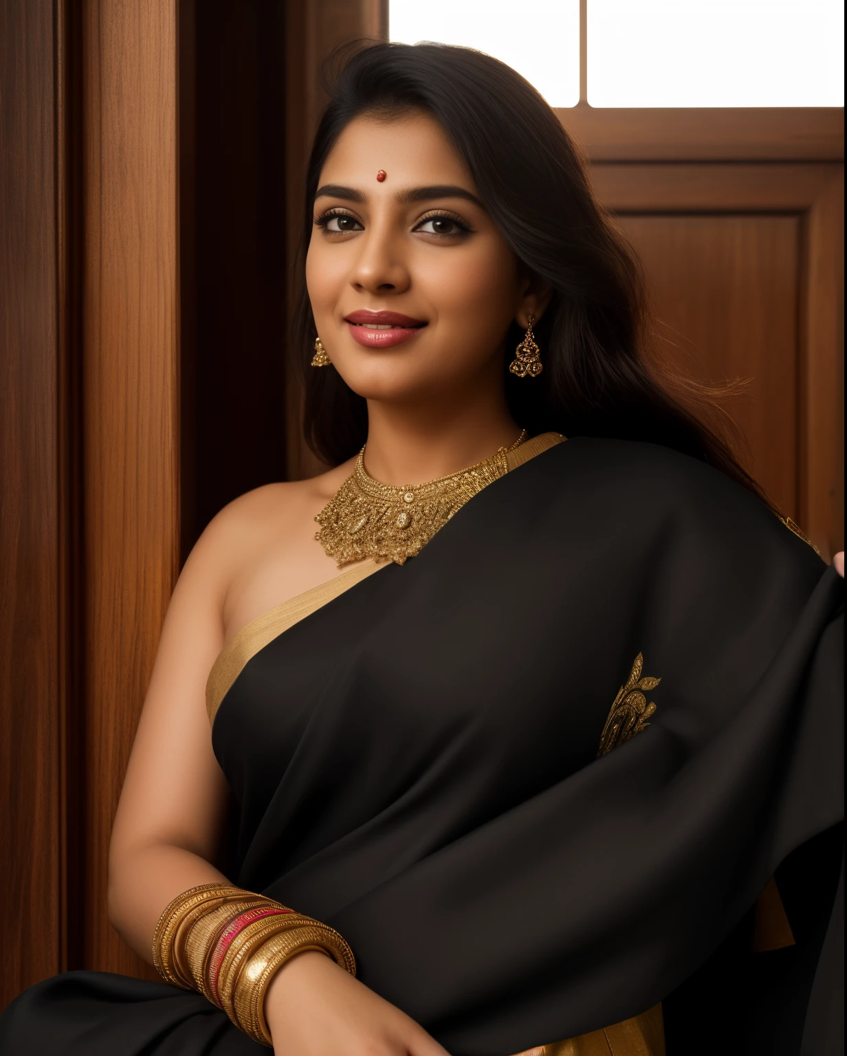 Day scene, close up photo of a indian from top view, posing under big tree,black sari, (wearing black sari) , look at viewer and smile, (cinematic:1.3), intricate details, (ArtStation:1.2)