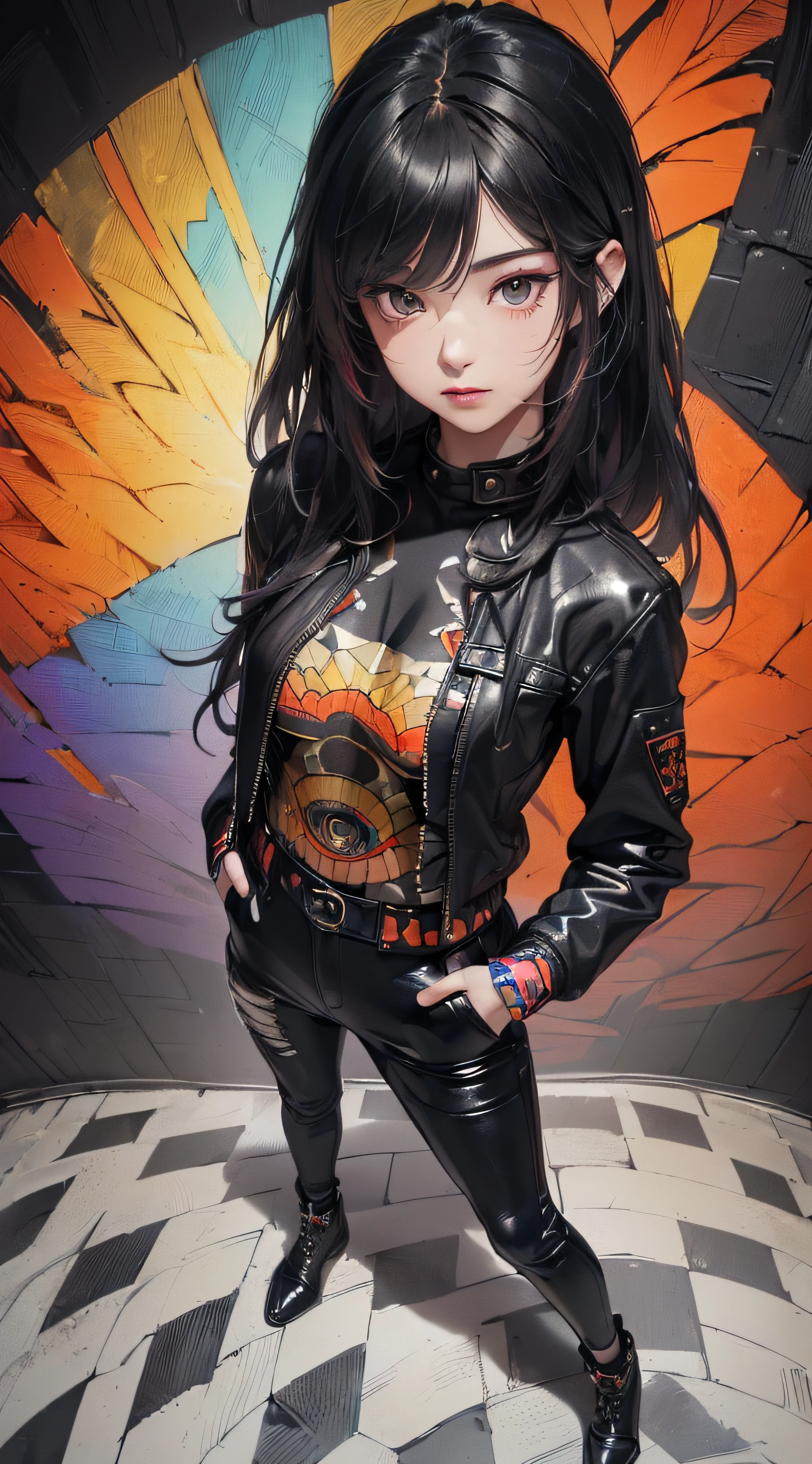 (((8k wallpaper of extremely detailed CG unit:1.2, masterpiece, hight resolution:1.2, top-quality:1.2, masutepiece))), ((a very beautiful woman, Hands in pockets:1.8, Grunge Fashion:1.2, Wearing a blouson:1.2, wearing black leather pants, Wearing shoes)), ((extra detailed face, Highly detailed black eyes, extra detailed body, Top quality real texture skins)), (A dark-haired, length hair, de pele branca, Small), ((colorful geometric pattern wall, Colorful wall)), (high-angle, Fisheye:1.3), hyper realisitic, digitial painting,