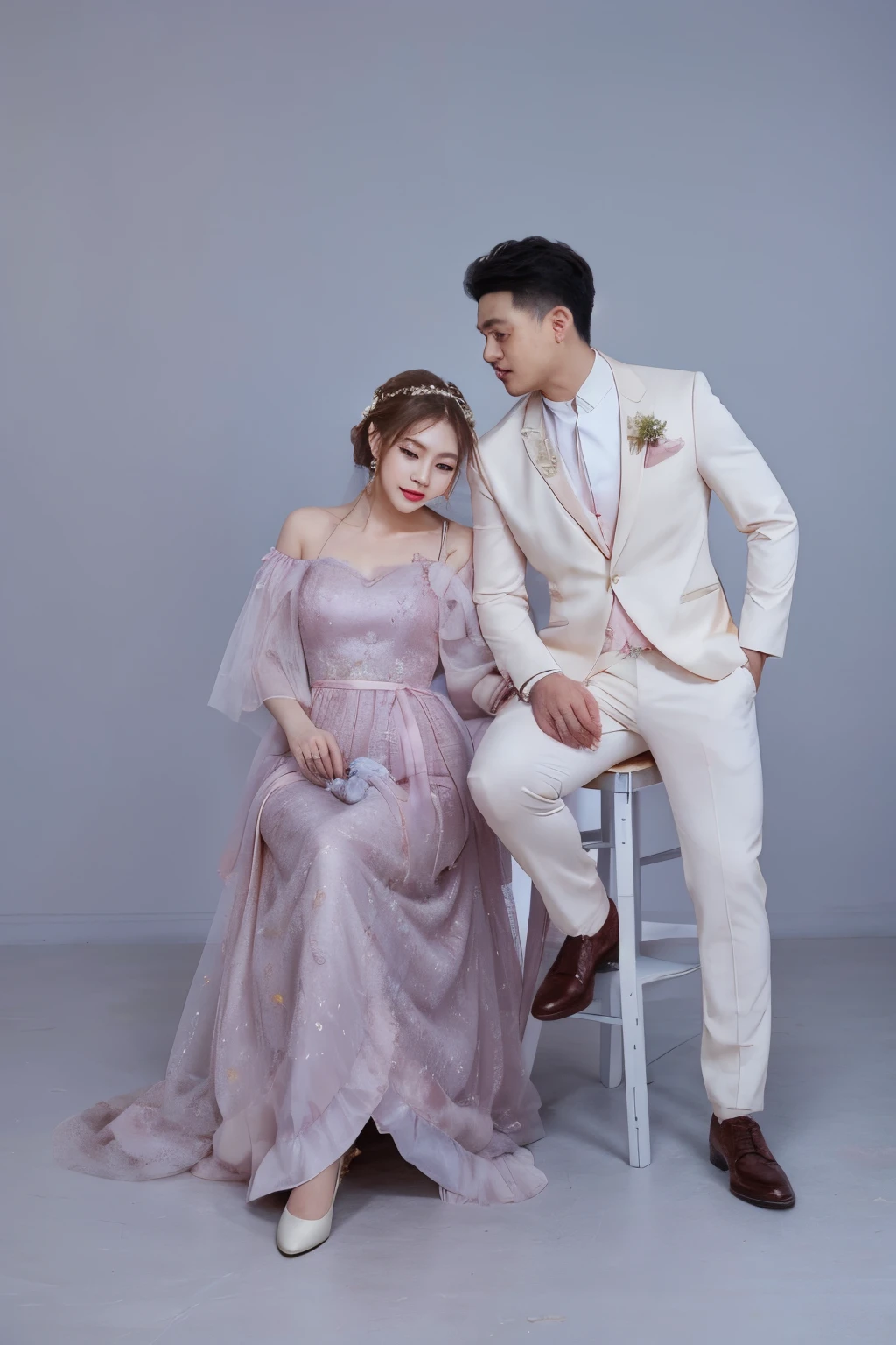 they are posing for a picture in a studio with a chair, lovely couple, full body photoshoot, full body photogenic shot, wedding photo, full body photograph, photoshoot, couple pose, pastel', ao dai, 🤬 🤮 💕 🎀, an elegant couple, shot with canon eoa 6 d mark ii, ruan jia and brom, wearing long gown