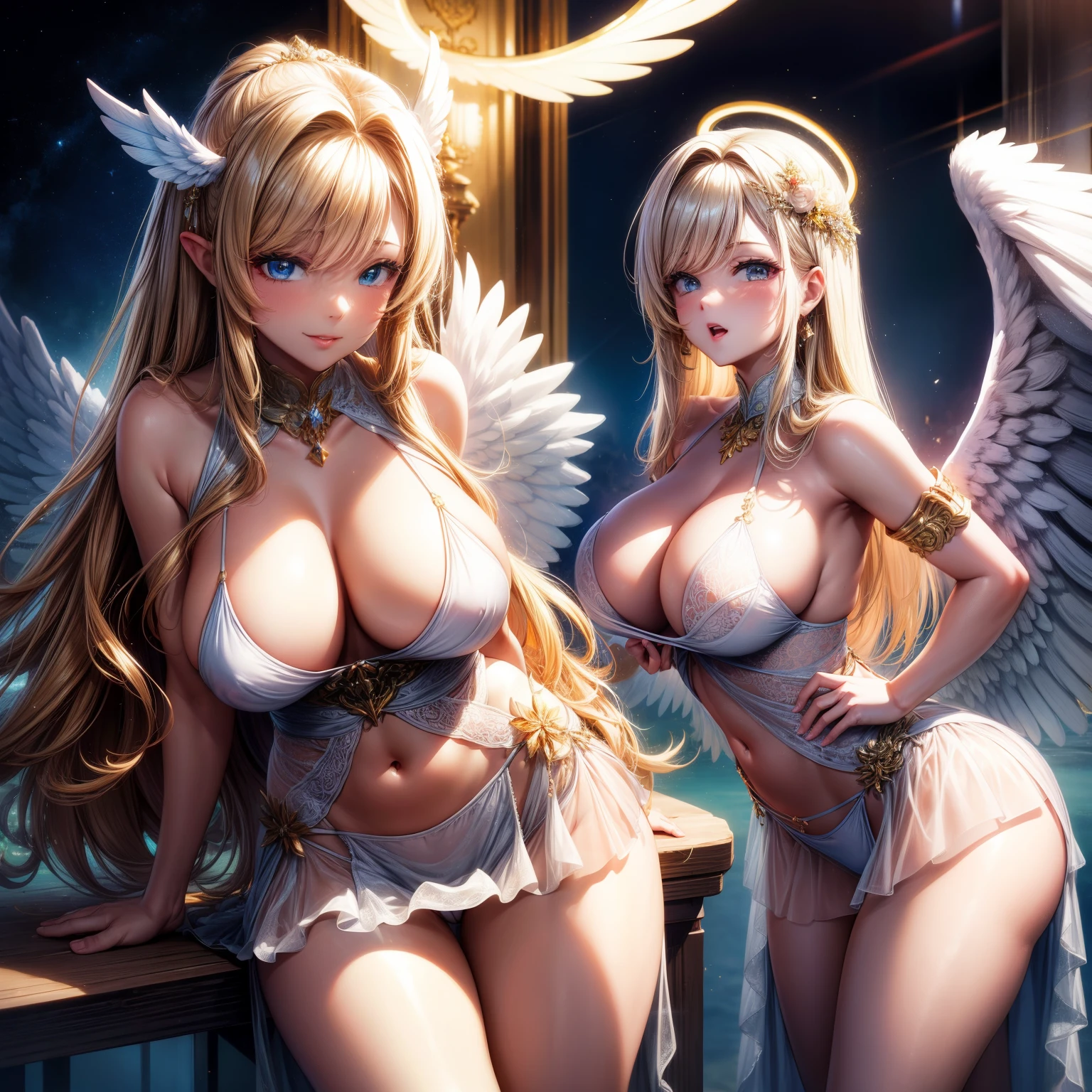 (8K ,hyper-detailing,ultra real photo,Best masterpiece,natural,Perfect artwork,Perfect female body),Two cute busty girls ,Hair color,(large tities),Angelic,Sankta,obsessed,the angel's wings,The halo,Angel is coming,paradise company., Ltd.,Gorgeous accessories,Brightoil Petroleum Technology Co., Ltd.., Ltd.., Ltd.., Ltd.,Beautiful Machinery Company,golden brilliance,Wearing a see-through sexy gauze skirt,Sexy transparent dress,ssee-through,Built-in thong,The cracks are relatively large,stretch the meat,Raised sexy,Flirtatious,obscene exposure ,fully body photo
