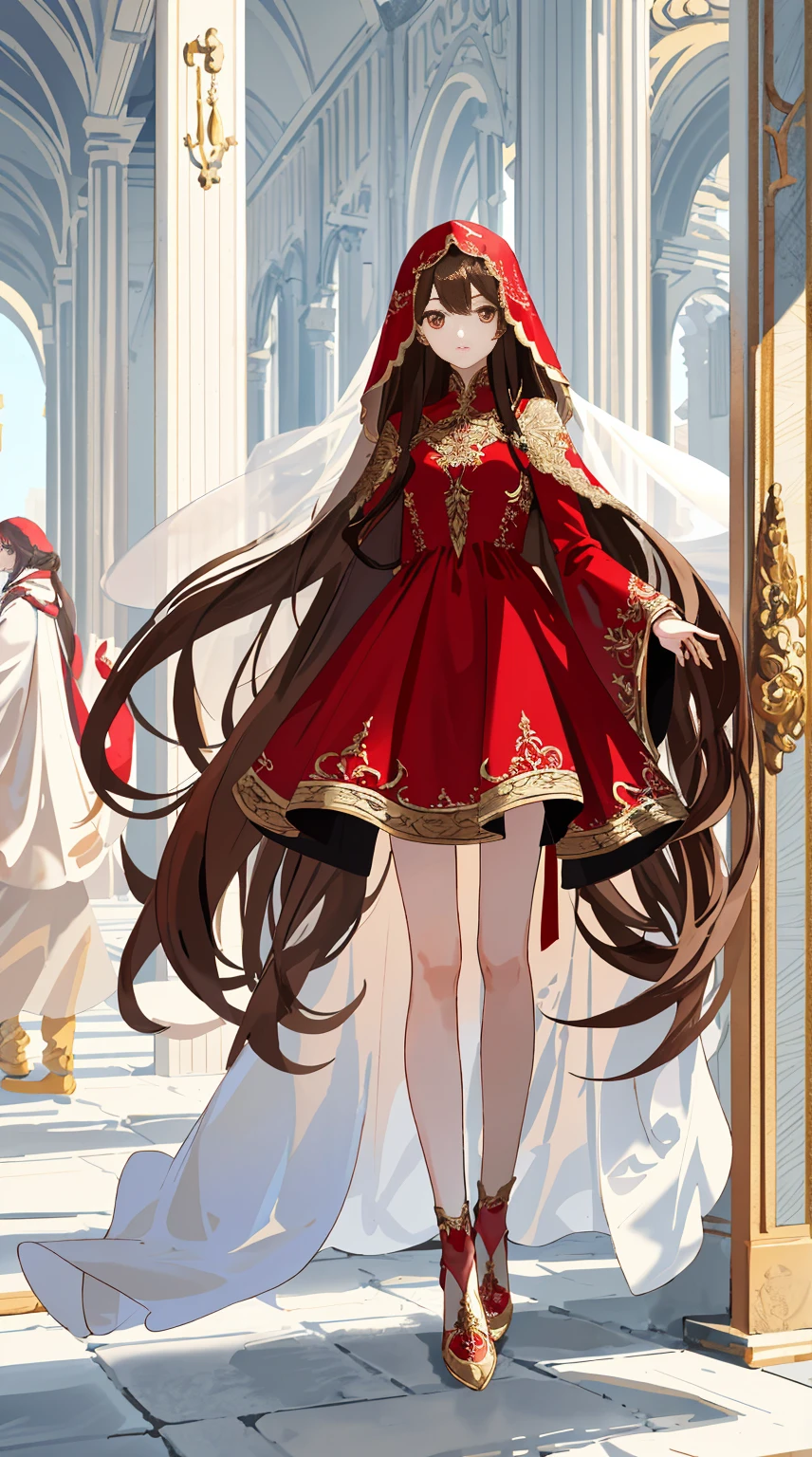 ((8K masterpiece)),Best quality,The content is very detailed,(1 girl),Long brown hair,delicated face,Eye focus,wide angles,veil effect。Full body design concept,clothes details,Red dress,White cloak,gemstones for hair,Full body lesbian,