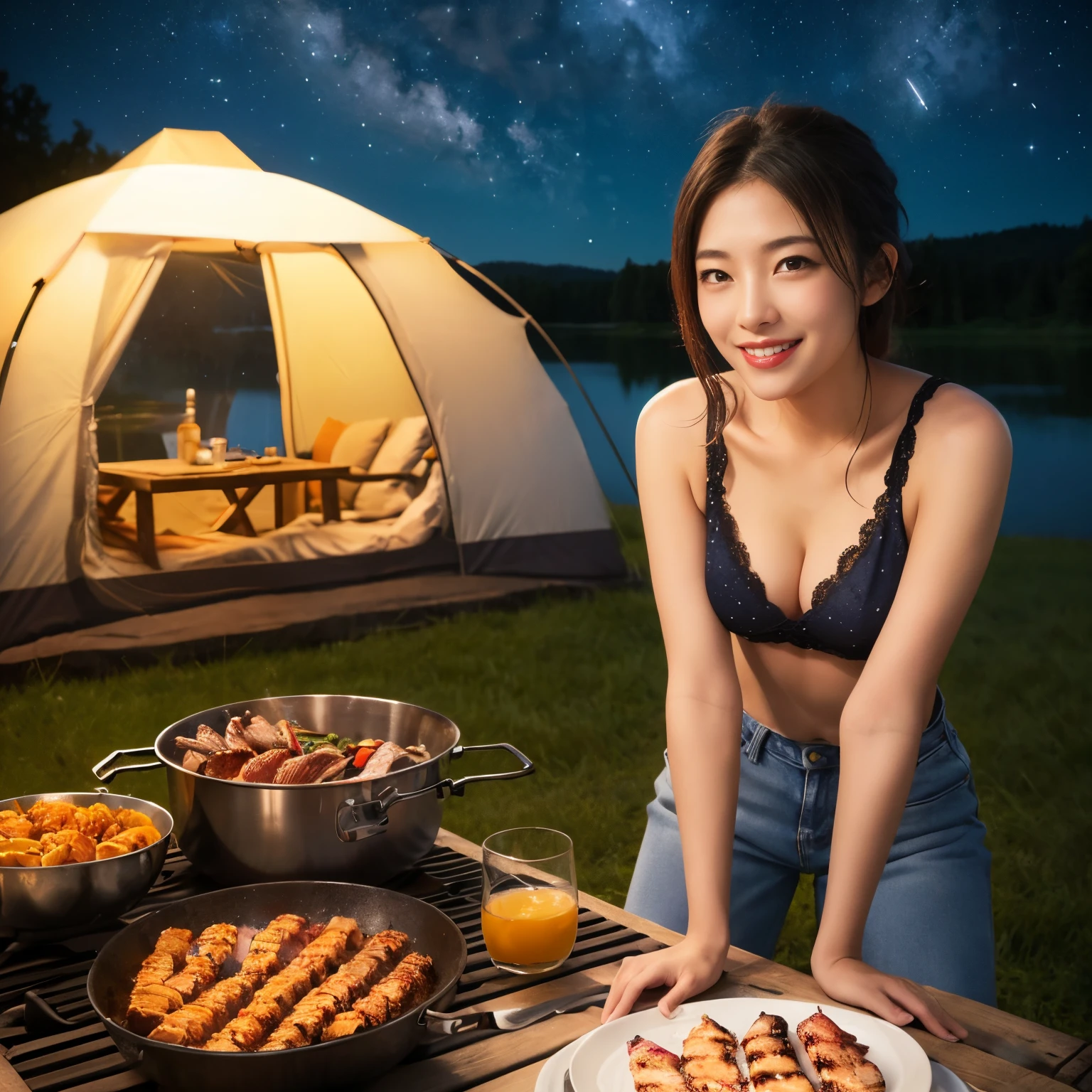 ((top-quality、masutepiece、in 8K、Top image quality、1 photo))、1人の女性、white tank tops、hotpants、Barbecue、Grilling meat on a wire mesh、A perfect barbecue、Barbecue stove、Camping Chair、camp、There is a river in the background、Campsite surrounded by nature、(midnight、starrysky、Fantastic starry sky)、photo of her from the waist up、smile looking at me