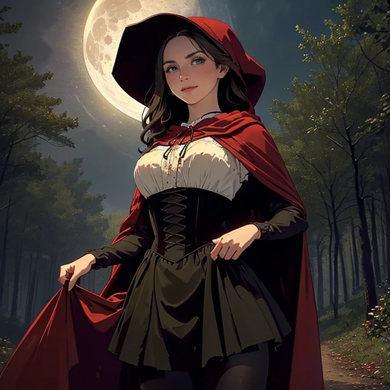 Cinematic Highly colored painting Realistic portrait (extreme close-up:1.2, from below) shot of  ((1woman, sensual)), (colonial puritan peasant), undressing:1.3 (red:1.5 puritan gowns from 1700s, (red:1.4 ridding hood:1.4 cape)).((medium breasts,  holding skirt herself, dress lift, clothes lift, gowns lift, tights, bare legs, tights  gap, pussy, pubic hair)), ((brunette:1.2 wavy long hair, green eyes, greek nose)). ((smiling, blush, standing,)). 1700, outdoors, midnight:1.5, woods, full moon:1.3, trees. (detailed, masterpiece, soft lighting)