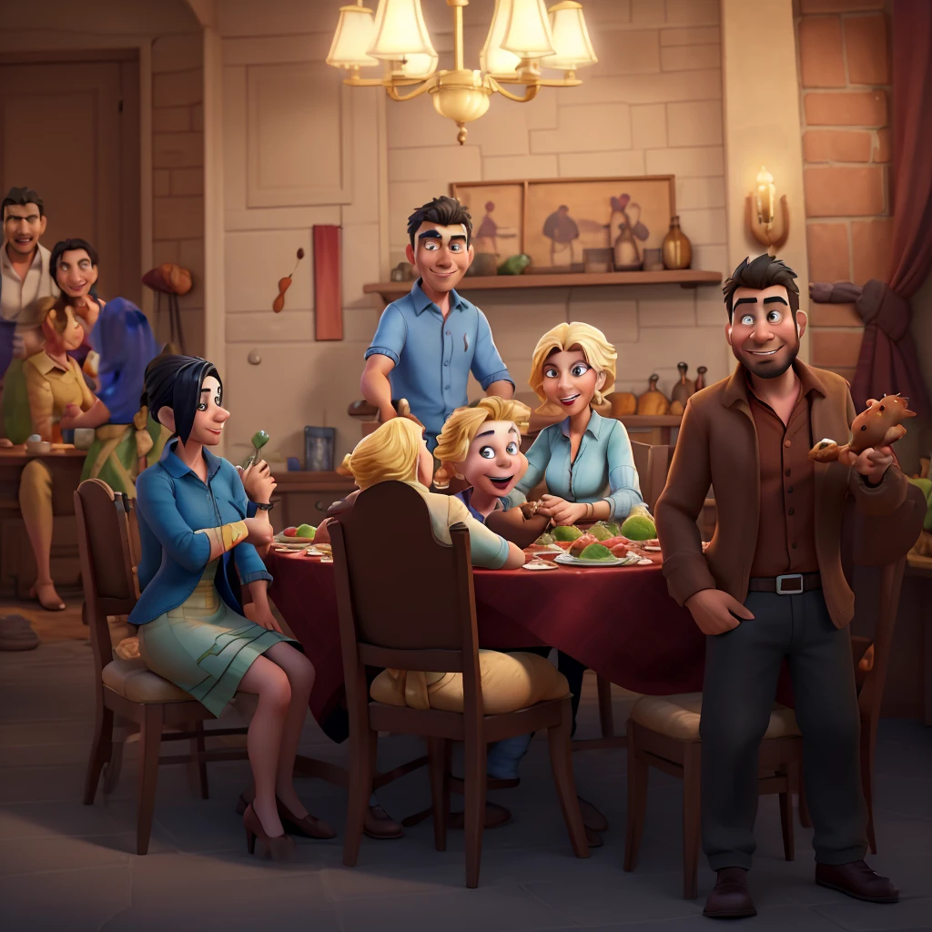 arafed image of a family sitting around a table with a turkey, scene from a dinner party, at a dinner table, family dinner, promotional art, game illustration, people at the table, stylized urban fantasy artwork, realistic movie still, !!posing_as_last_supper, by Galen Dara, published art, holding court, detailed game art illustration