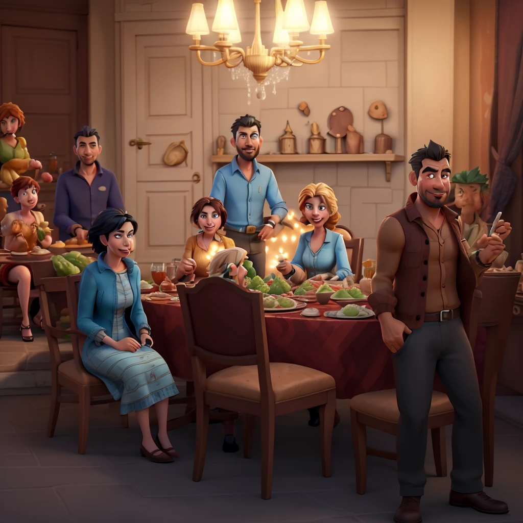 arafed image of a family sitting around a table with a turkey, scene from a dinner party, at a dinner table, family dinner, promotional art, game illustration, people at the table, stylized urban fantasy artwork, realistic movie still, !!posing_as_last_supper, by Galen Dara, published art, holding court, detailed game art illustration