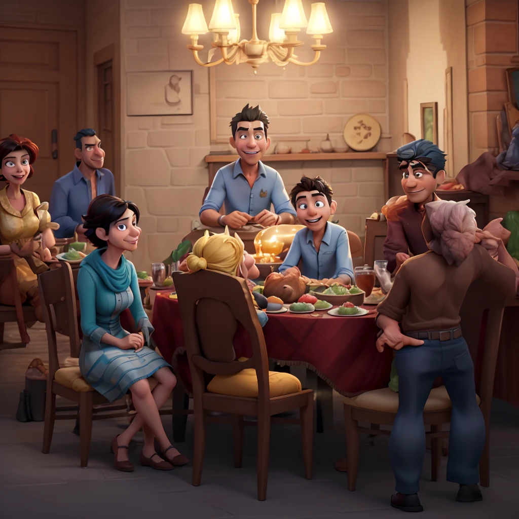 arafed image of a family sitting around a table with a turkey, scene from a dinner party, at a dinner table, family dinner, promotional art, game illustration, people at the table, stylized urban fantasy artwork, realistic movie still, !!posing_as_last_supper, by Galen Dara, published art, holding court, detailed game art illustration
