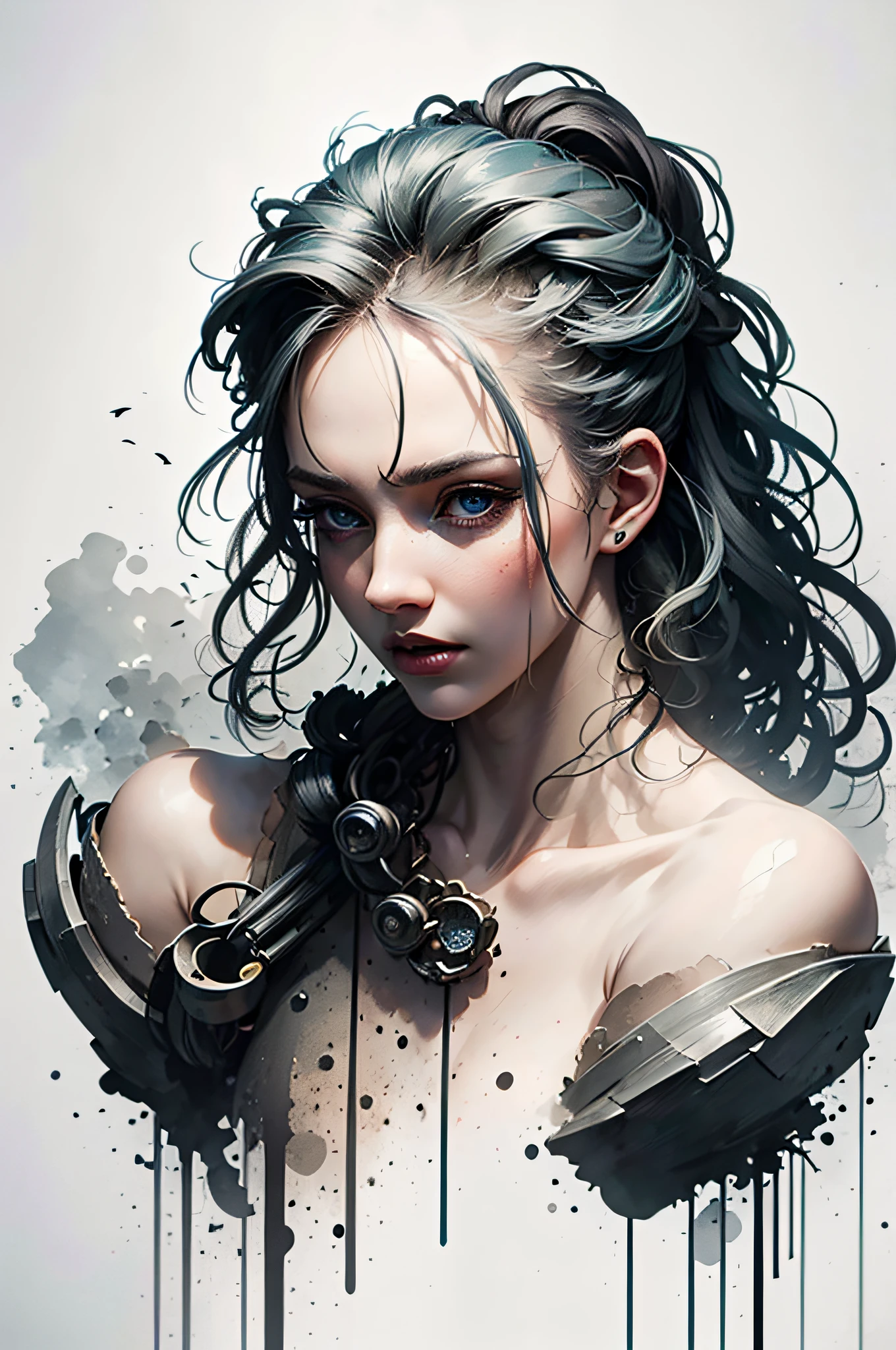 fantasy image, winter, harsh landscape, 1woman warrior (aged 40+) (age 1.5), angry, screaming, covered in blood (blood 1.6) attacking with axe, mix4, (full body image),(8k, RAW photo, best quality, masterpiece: 1.45), (realistic, photorealistic: 1.37), snow, professional lighting, photons mapping, radiosity, physically based rendering, gradient black hair, gray hair, short curly hair, braided hair, handsome, armor, pale skin, top quality photo, high res, 1080p, (clear face), (detailed face description), (detailed hand description), (masterpiece), (exquisite CG), extreme light and shadow, disheveled hair, master work, rich details, (fine facial features), (highest quality photo), (masterpiece), (detailed eyes), (blue eyes), look in front of you eyes, fine clavicle, dark, mystical scandinavian (misty 1.9), dark, moody, stylized, white background with one color ink stains, art by Alternity77,