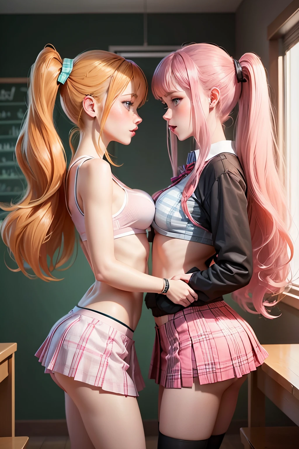 Two , skinny teenxy schoolgiouching each other, only bra plaid ,bigger boobs, seethru, really mini skirt pink plaid,sexy but, really long hair ginger, double ponytails, perfect eyes, blush, teasing face, hot sensations, orgasme, trying to kiss each other,