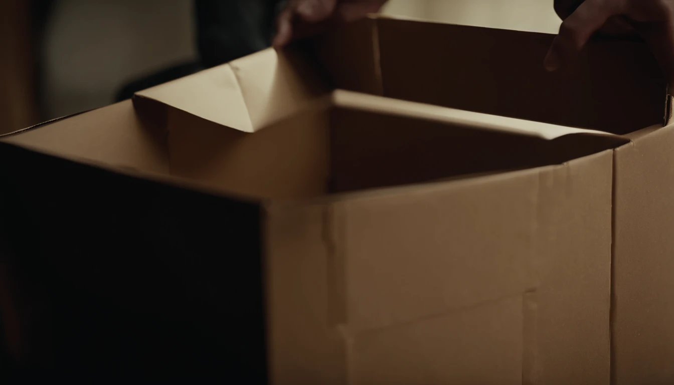 A close-up shot of a cardboard box being opened, with the flaps being lifted to reveal its contents, creating a visually suspenseful and intriguing image.