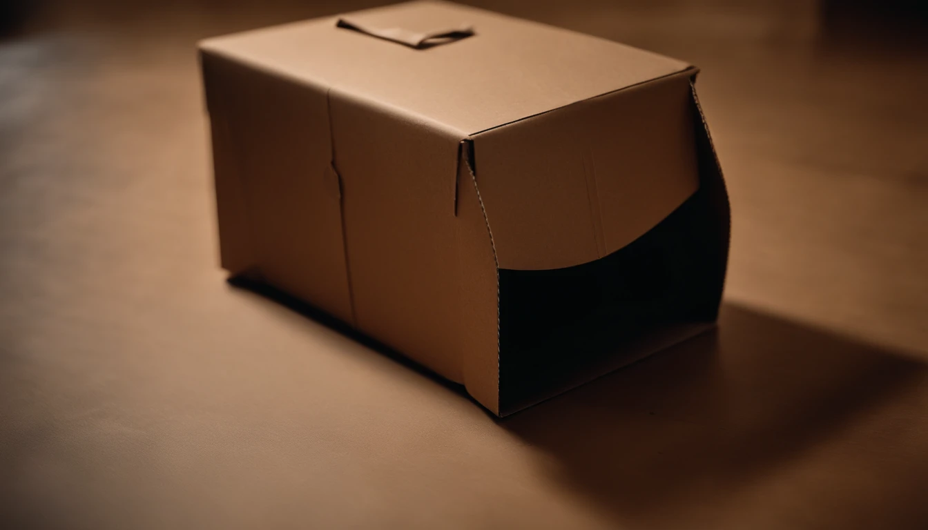 A close-up shot of a cardboard box being opened, with the flaps being lifted to reveal its contents, creating a visually suspenseful and intriguing image.