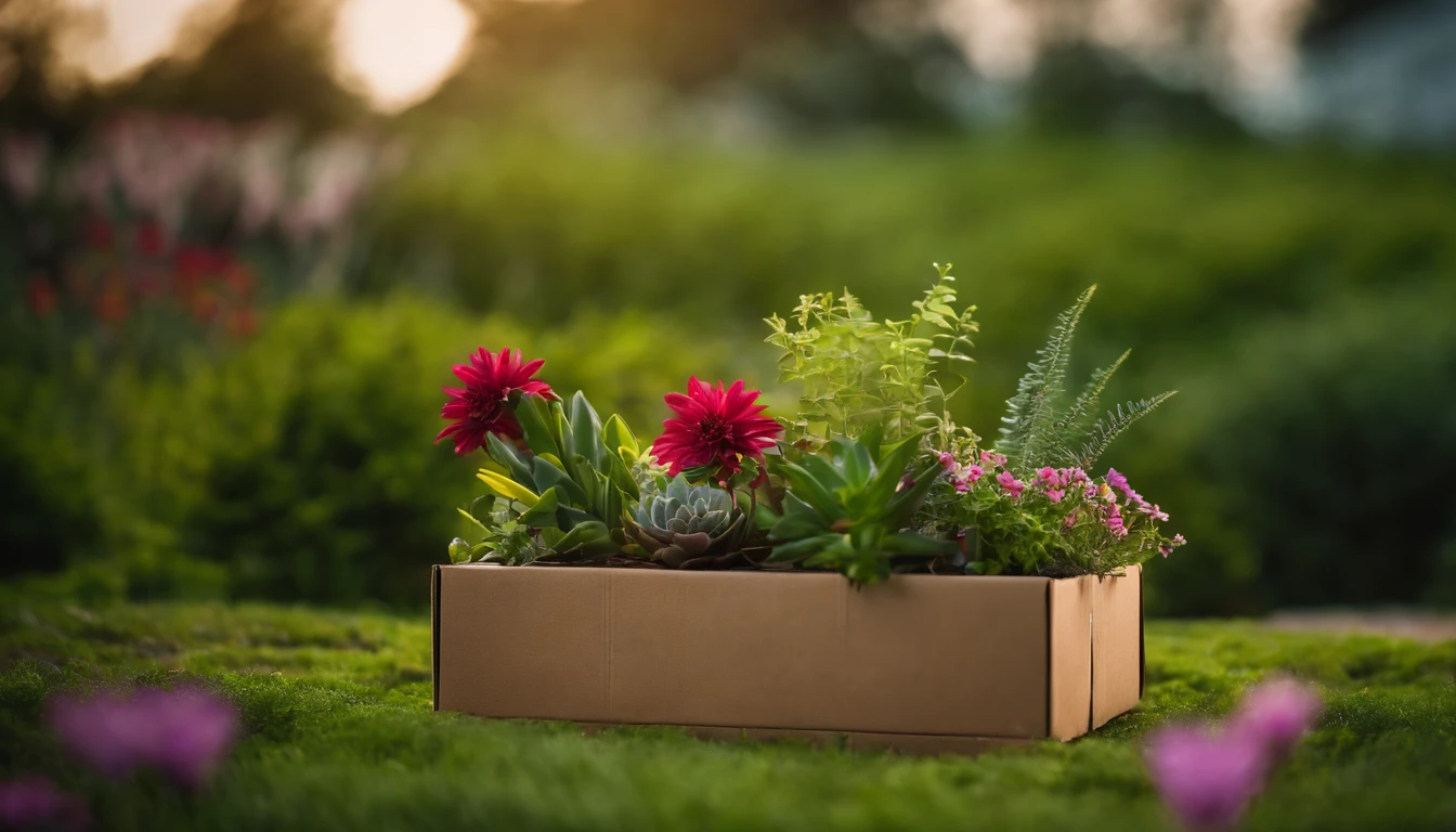 A visually pleasing composition of a cardboard box being repurposed as a planter, filled with vibrant plants and flowers, creating a visually sustainable and natural scene.