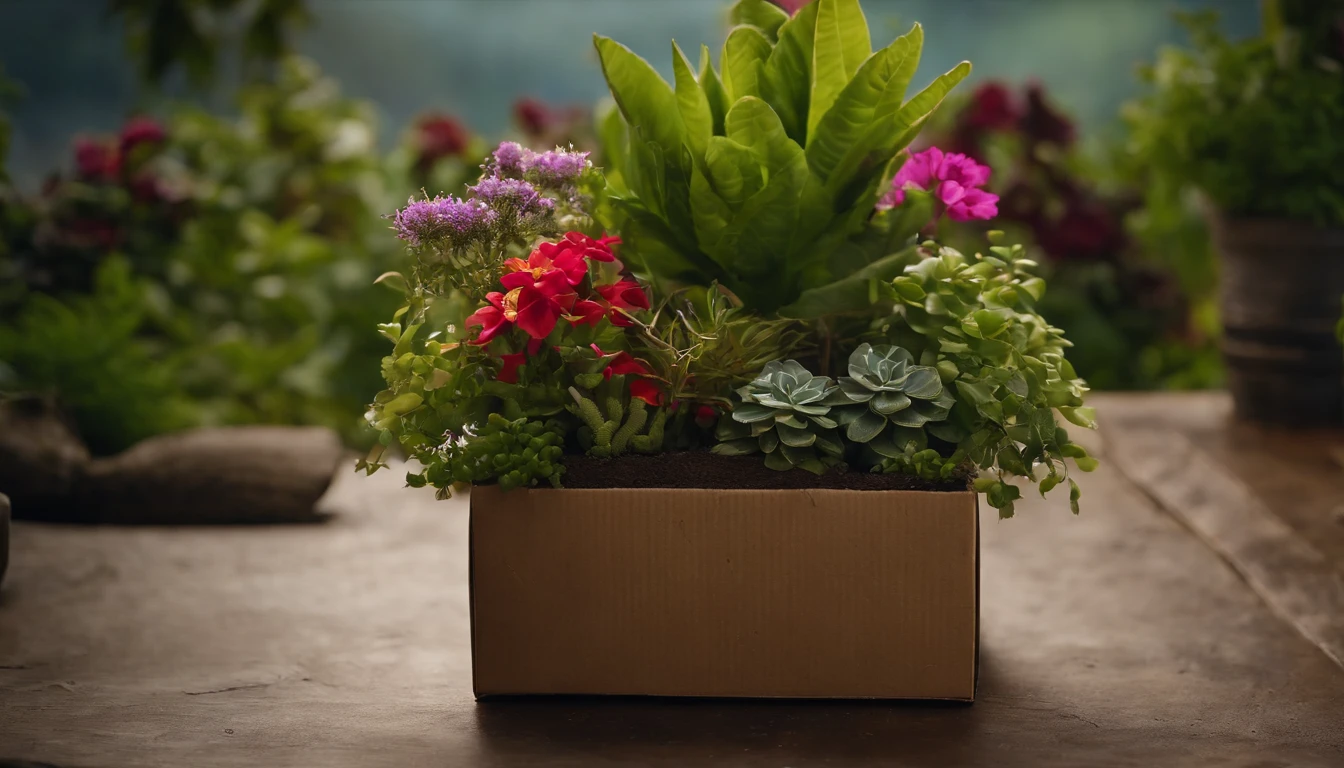 A visually pleasing composition of a cardboard box being repurposed as a planter, filled with vibrant plants and flowers, creating a visually sustainable and natural scene.