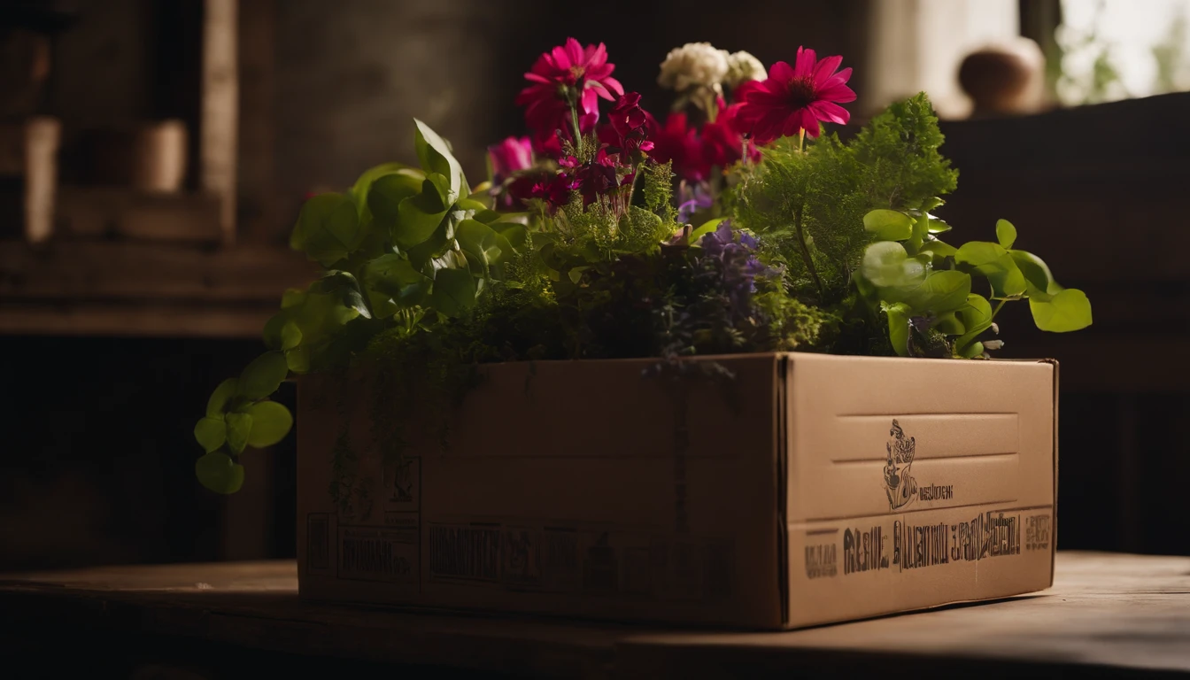 A visually pleasing composition of a cardboard box being repurposed as a planter, filled with vibrant plants and flowers, creating a visually sustainable and natural scene.