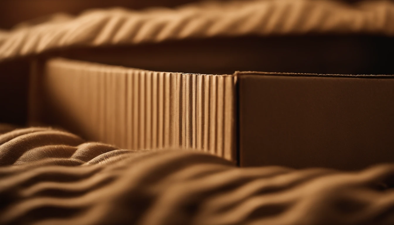 A close-up shot of the corrugated texture of a cardboard box, with the light casting shadows and highlighting the ridges and grooves, creating a visually detailed and textural image.